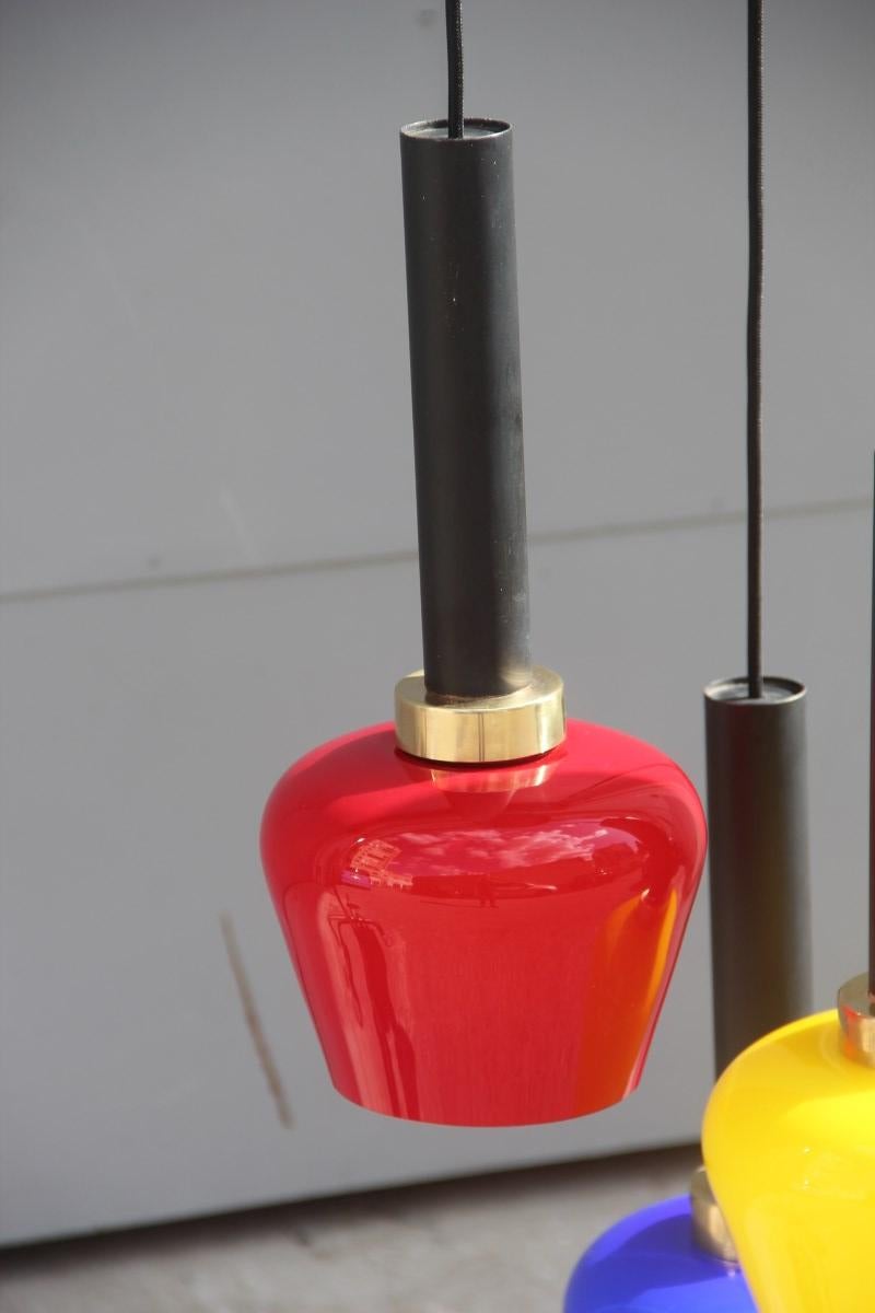 Chandelier Pendant Brass Italian Design Vistosi 1950 Black, Yellow, Blu, Red For Sale 1