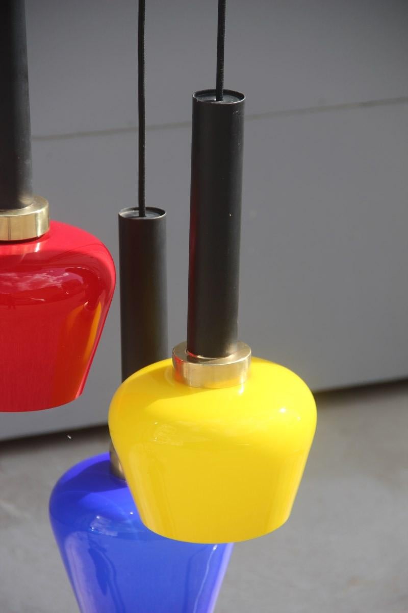 Chandelier Pendant Brass Italian Design Vistosi 1950 Black, Yellow, Blu, Red For Sale 2