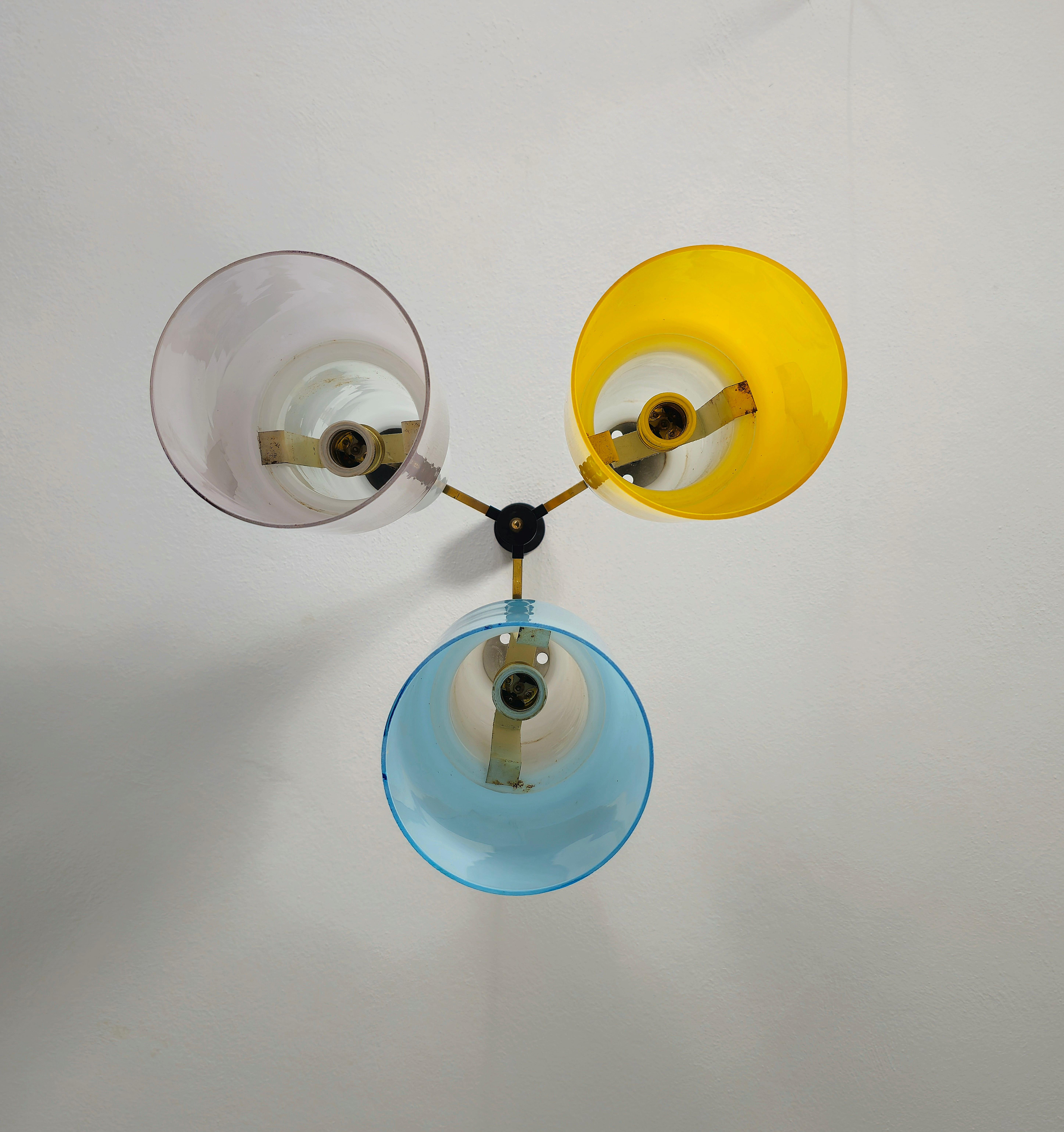Mid-Century Modern Chandelier Pendant Brass Milk Glass Attributed to Stilnovo Midcentury Italy 1960 For Sale