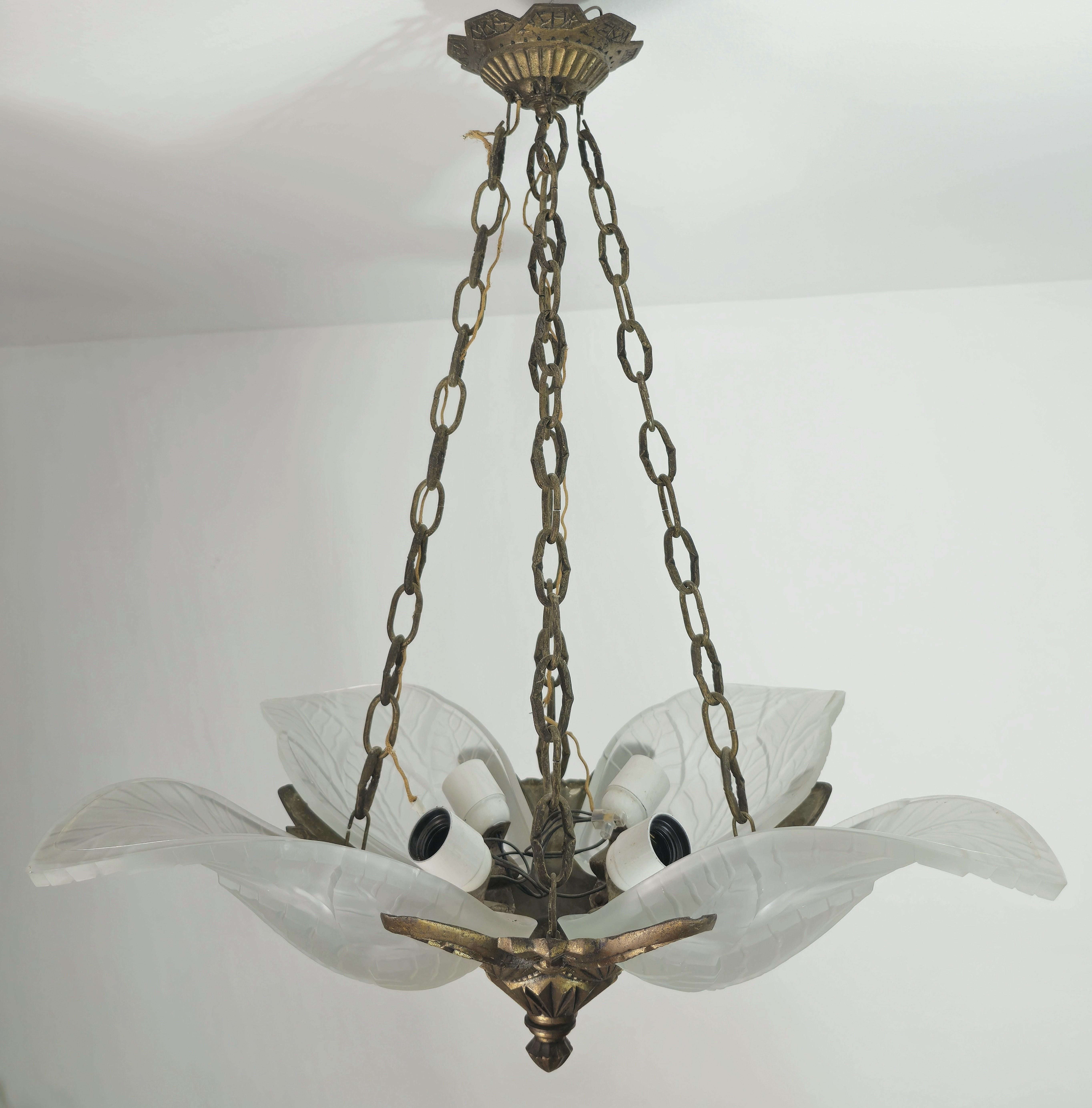 Chandelier Pendant Bronze Frosted Glass Art Deco French Design 1930s 1940s For Sale 7