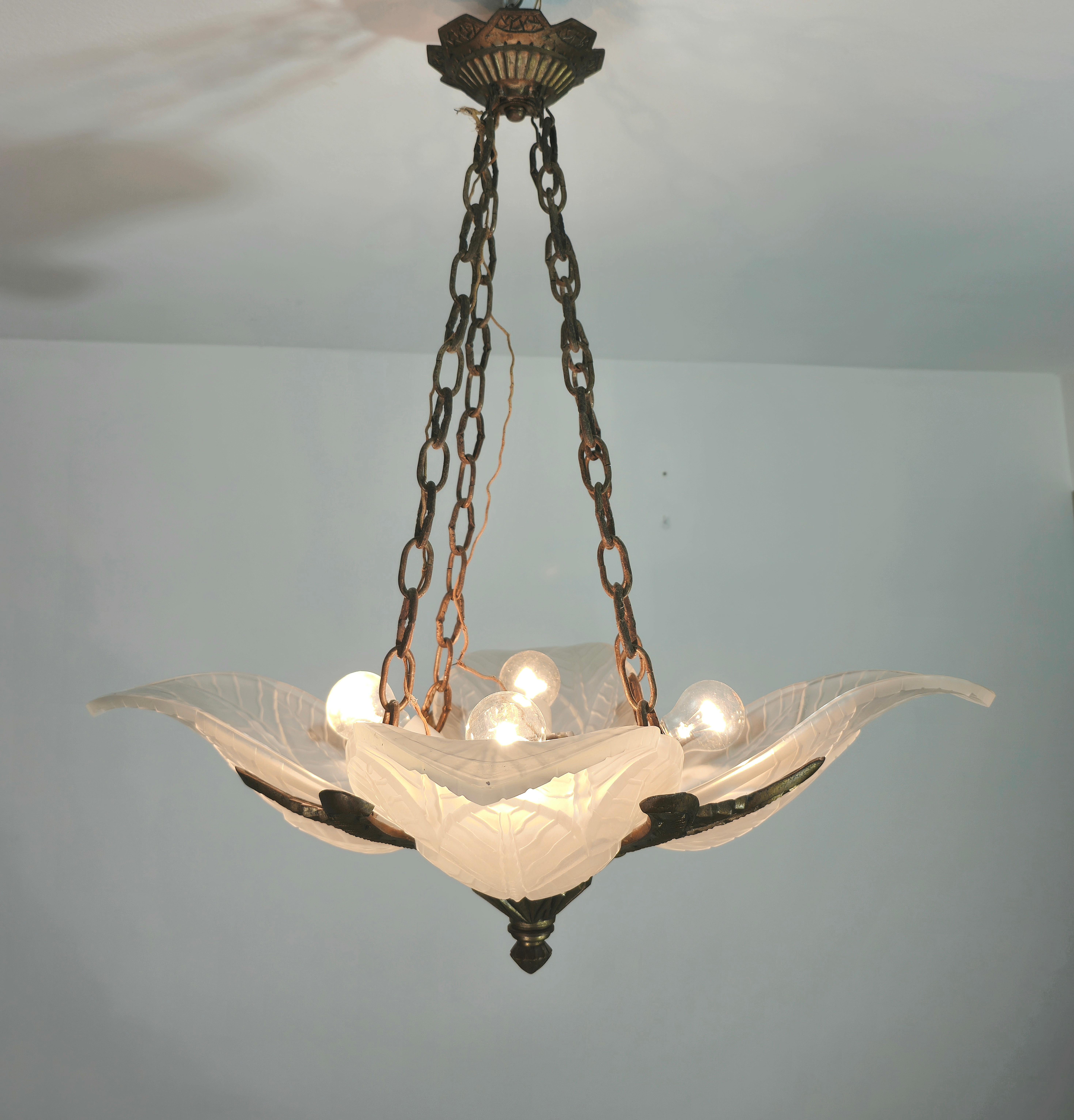Chandelier Pendant Bronze Frosted Glass Art Deco French Design 1930s 1940s For Sale 8