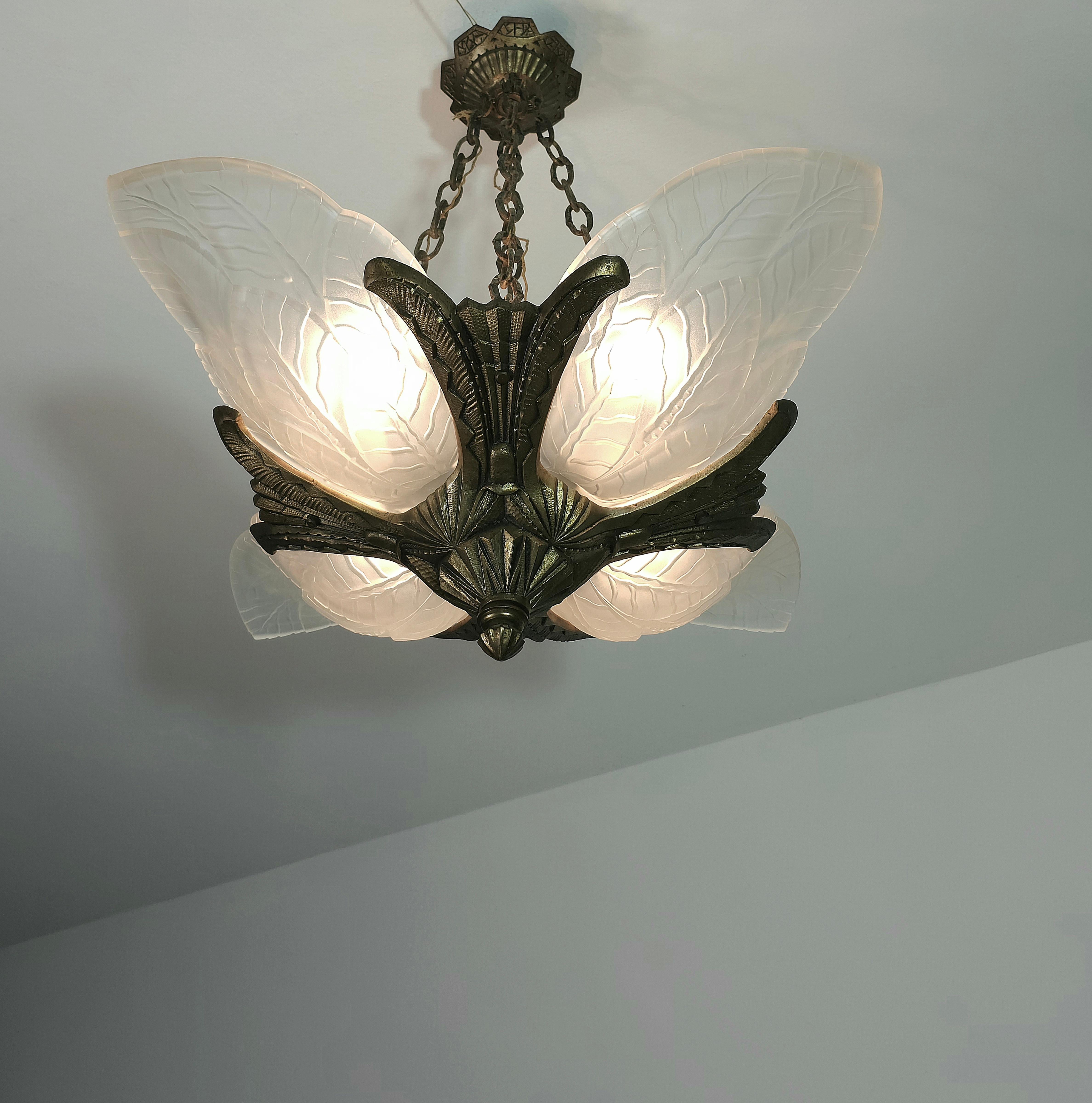 Chandelier Pendant Bronze Frosted Glass Art Deco French Design 1930s 1940s For Sale 2
