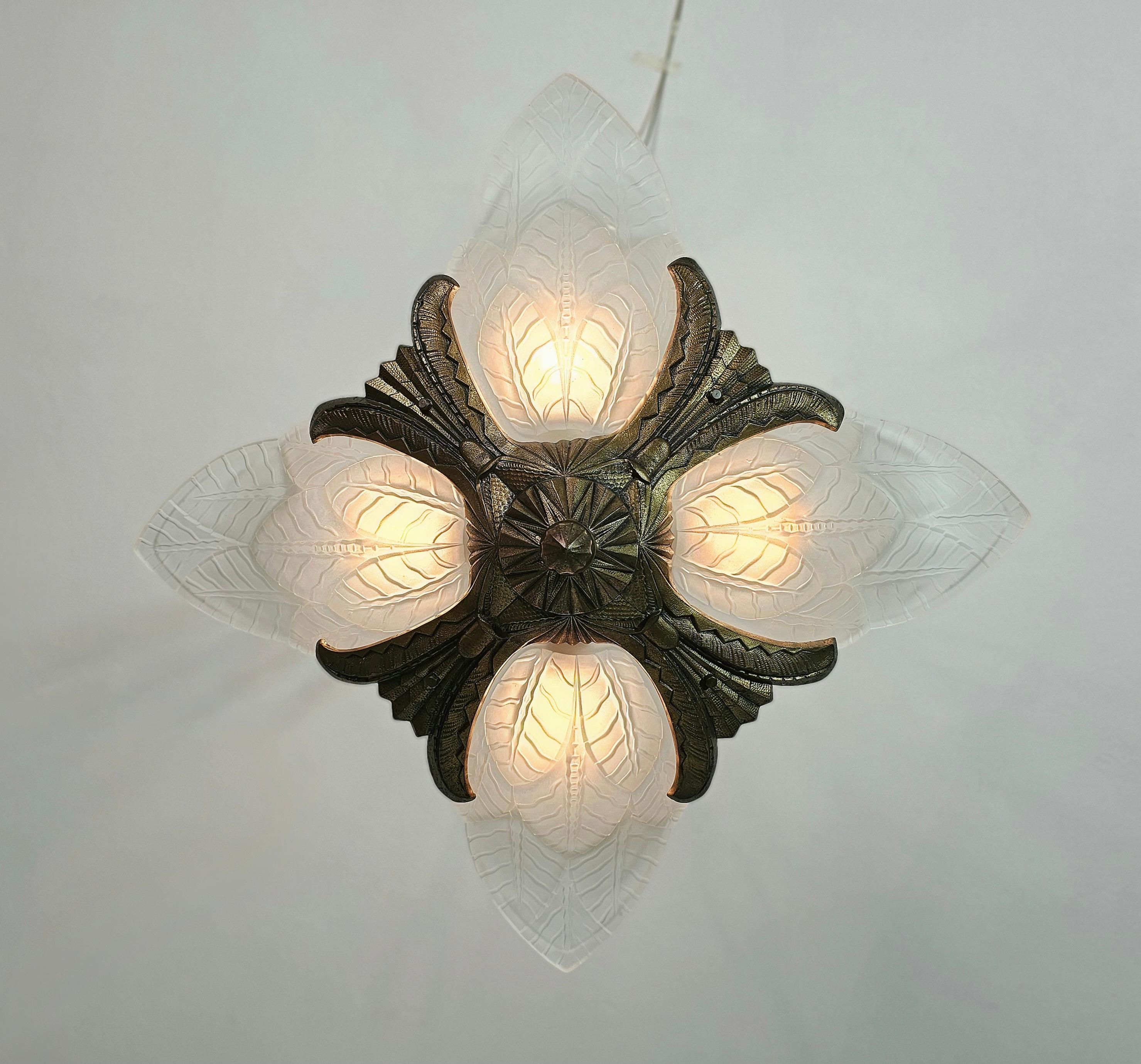 Chandelier Pendant Bronze Frosted Glass Art Deco French Design 1930s 1940s For Sale 4