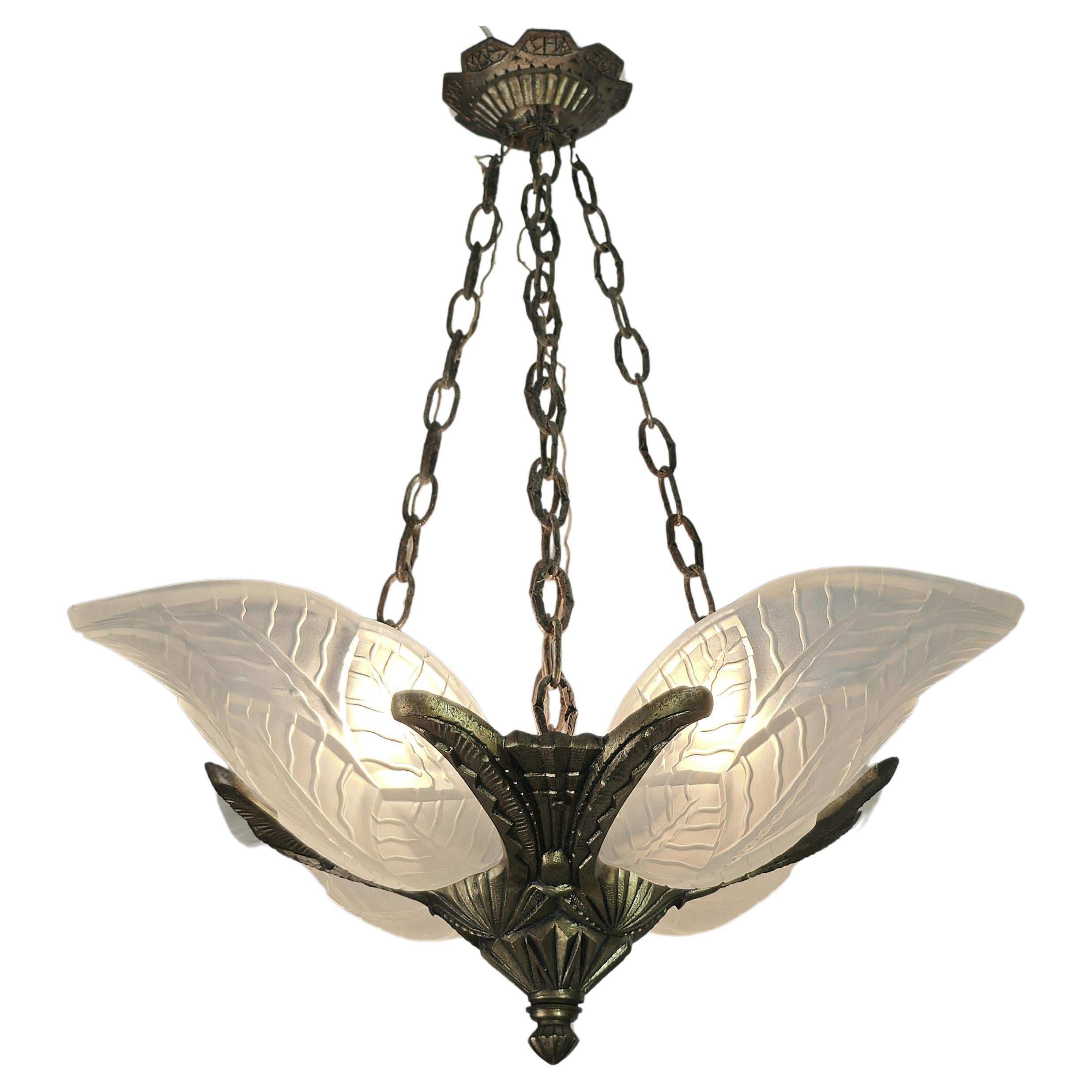 Chandelier Pendant Bronze Frosted Glass Art Deco French Design 1930s 1940s For Sale