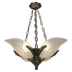 Vintage Chandelier Pendant Bronze Frosted Glass Art Deco French Design 1930s 1940s
