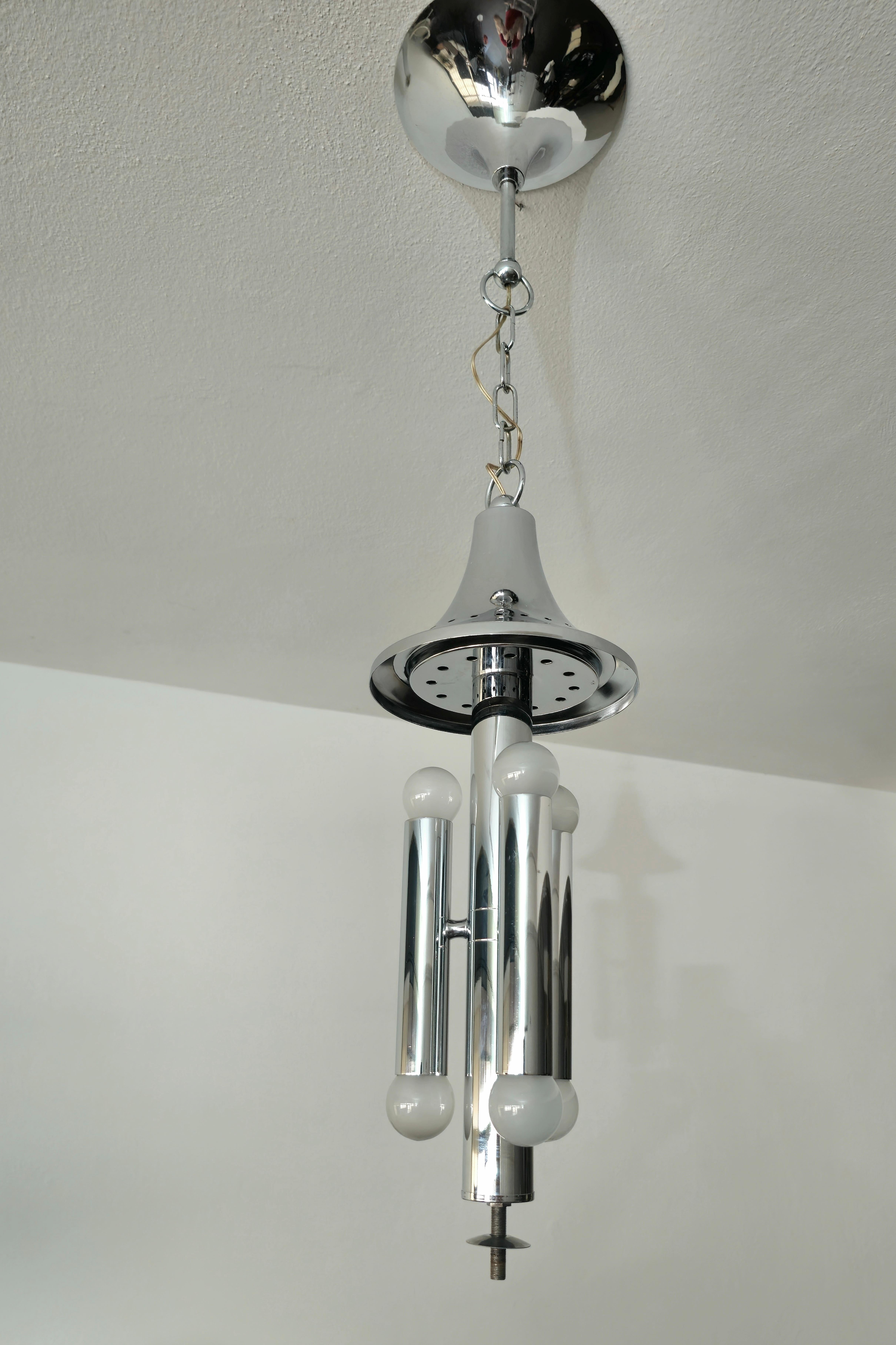 Chandelier Pendant Glass Sphere Chromed Metal Midcentury Italian Design, 1970s For Sale 6