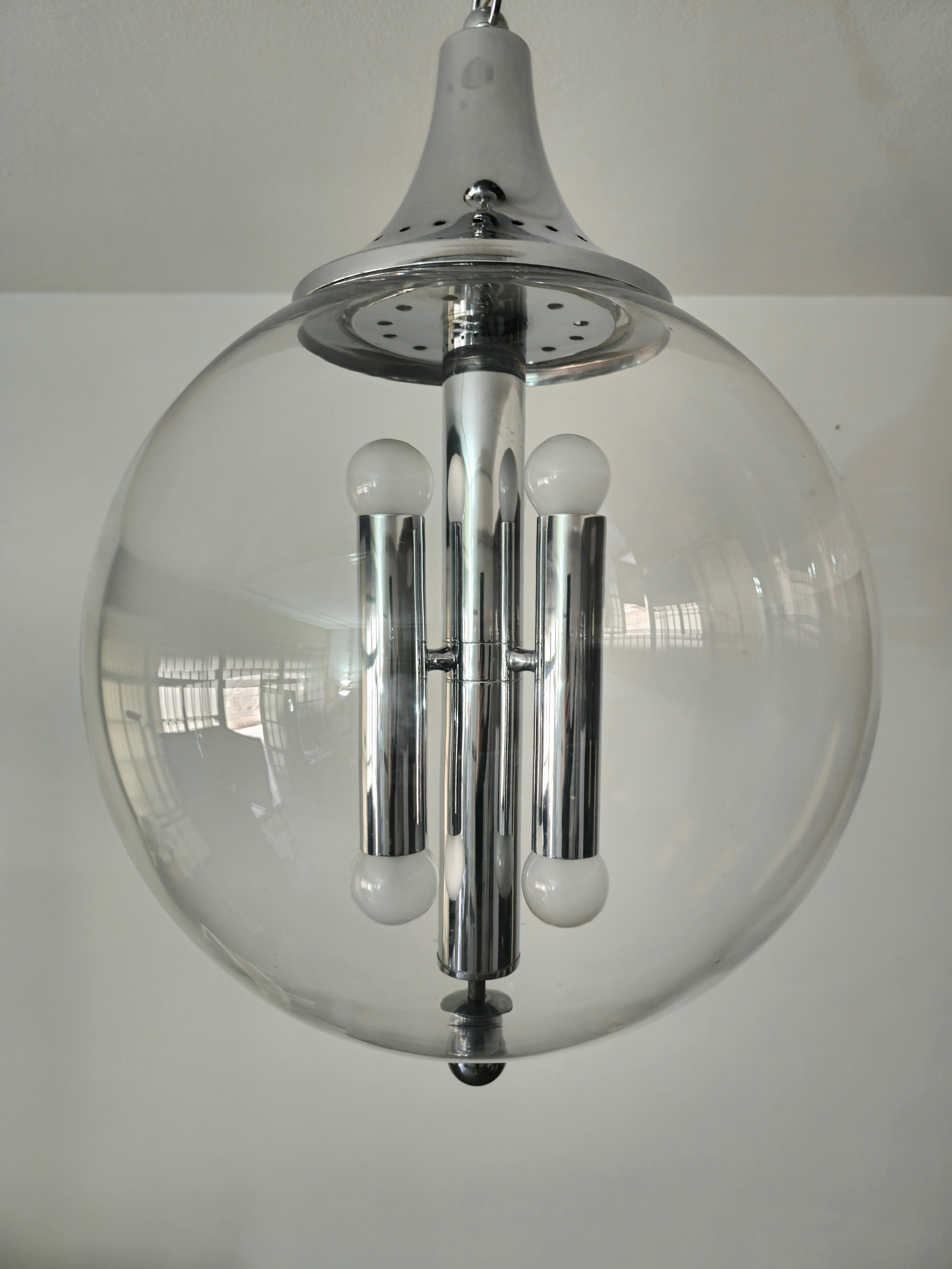 Mid-Century Modern Chandelier Pendant Glass Sphere Chromed Metal Midcentury Italian Design, 1970s For Sale