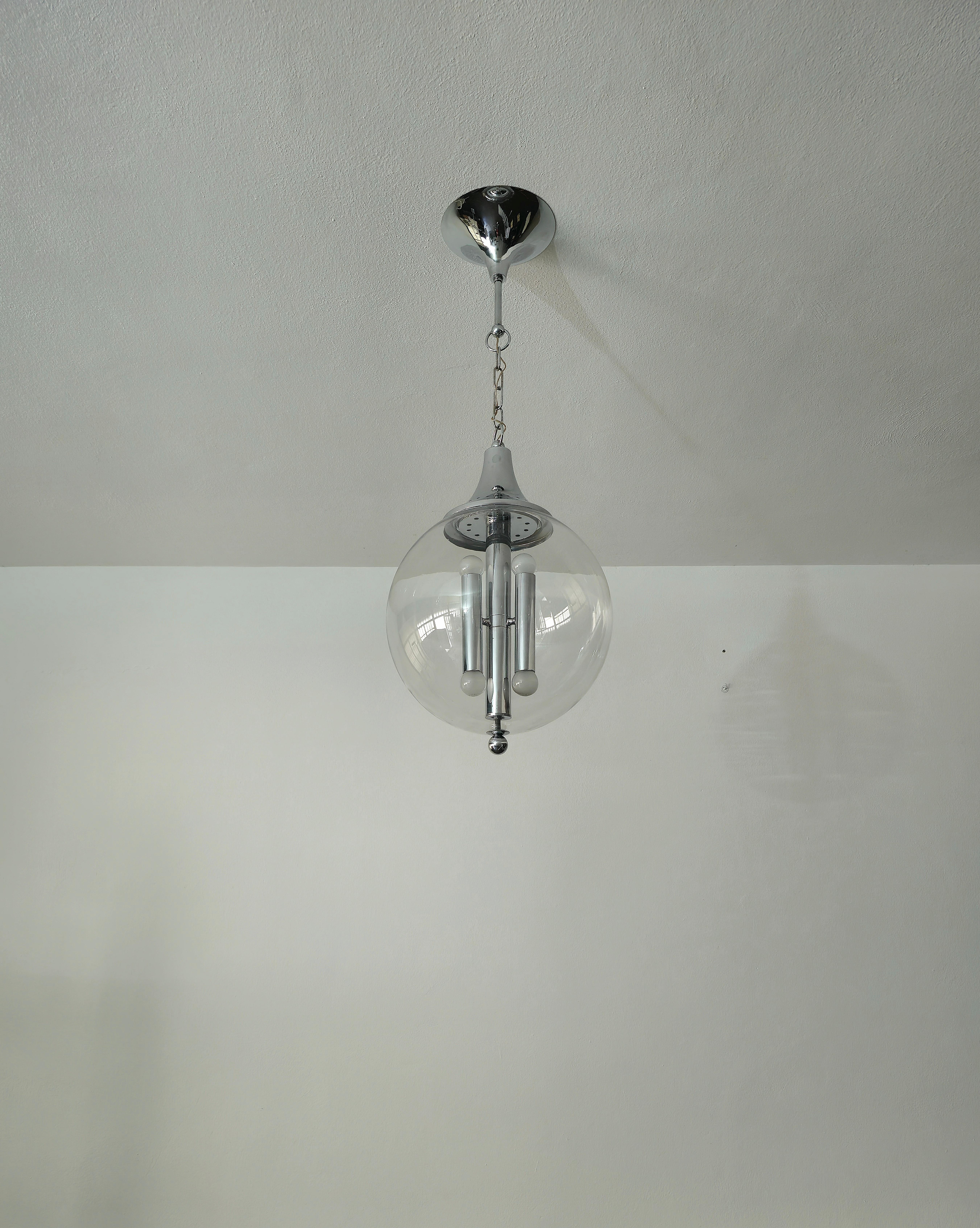 20th Century Chandelier Pendant Glass Sphere Chromed Metal Midcentury Italian Design, 1970s For Sale
