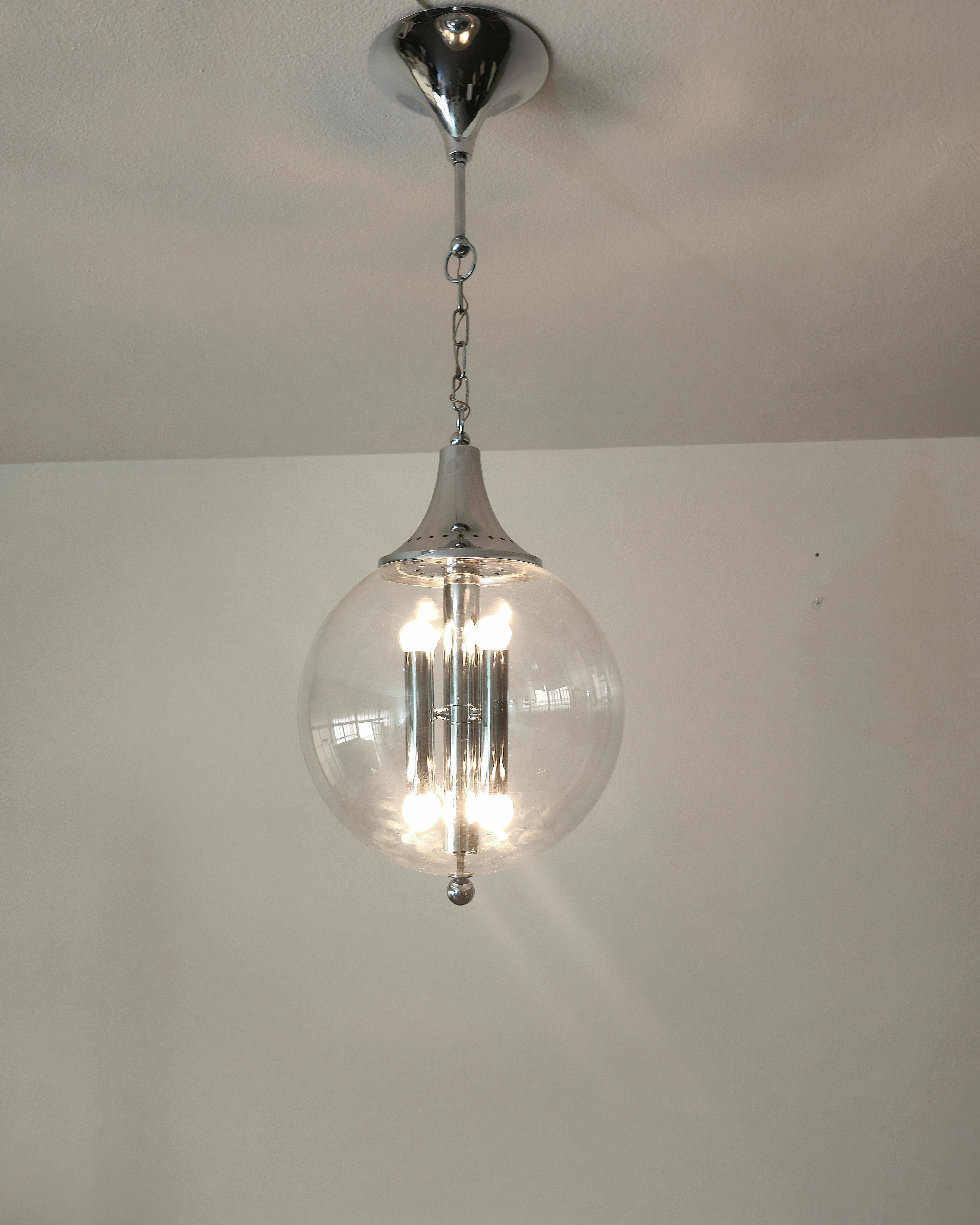 Chandelier Pendant Glass Sphere Chromed Metal Midcentury Italian Design, 1970s 2