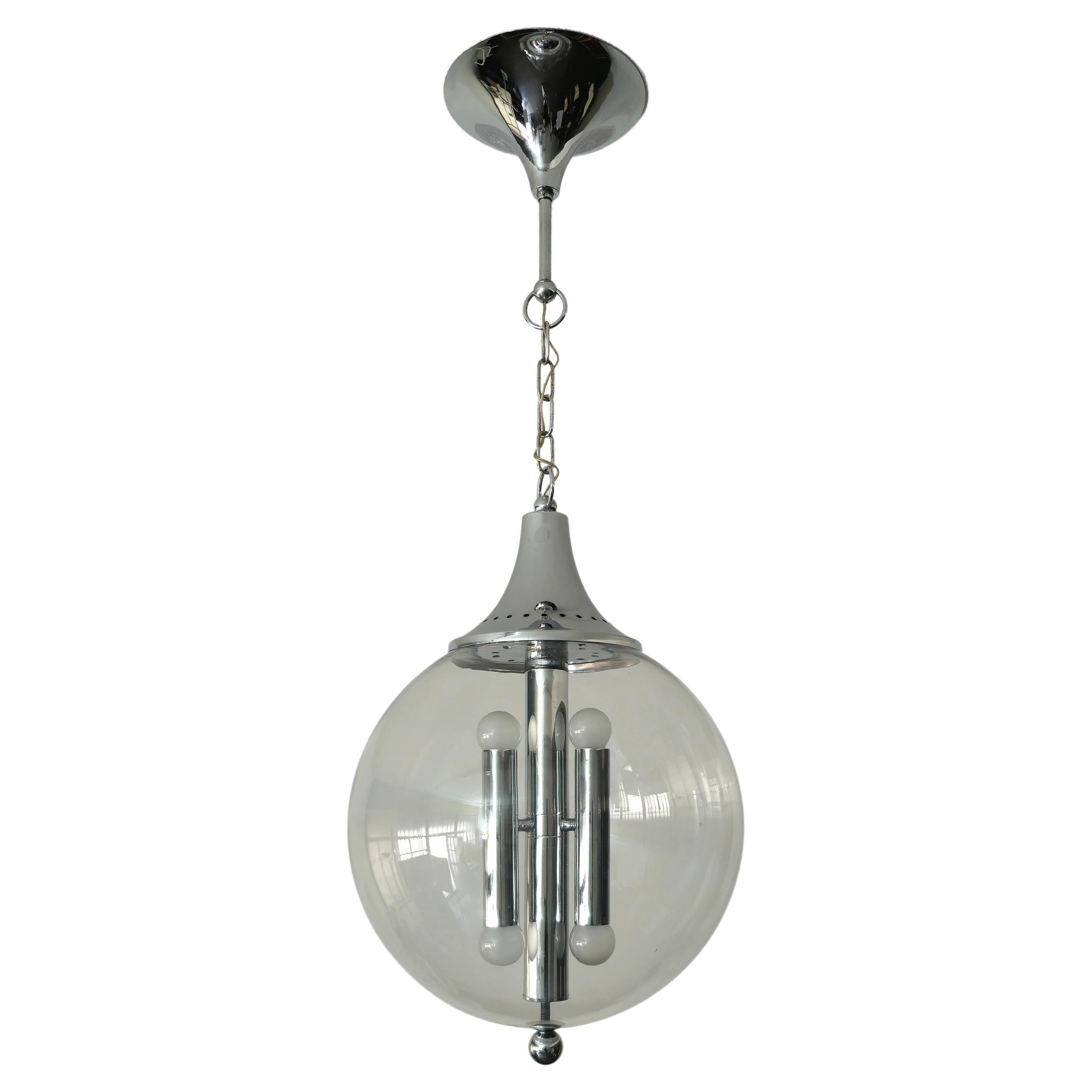 Chandelier Pendant Glass Sphere Chromed Metal Midcentury Italian Design, 1970s