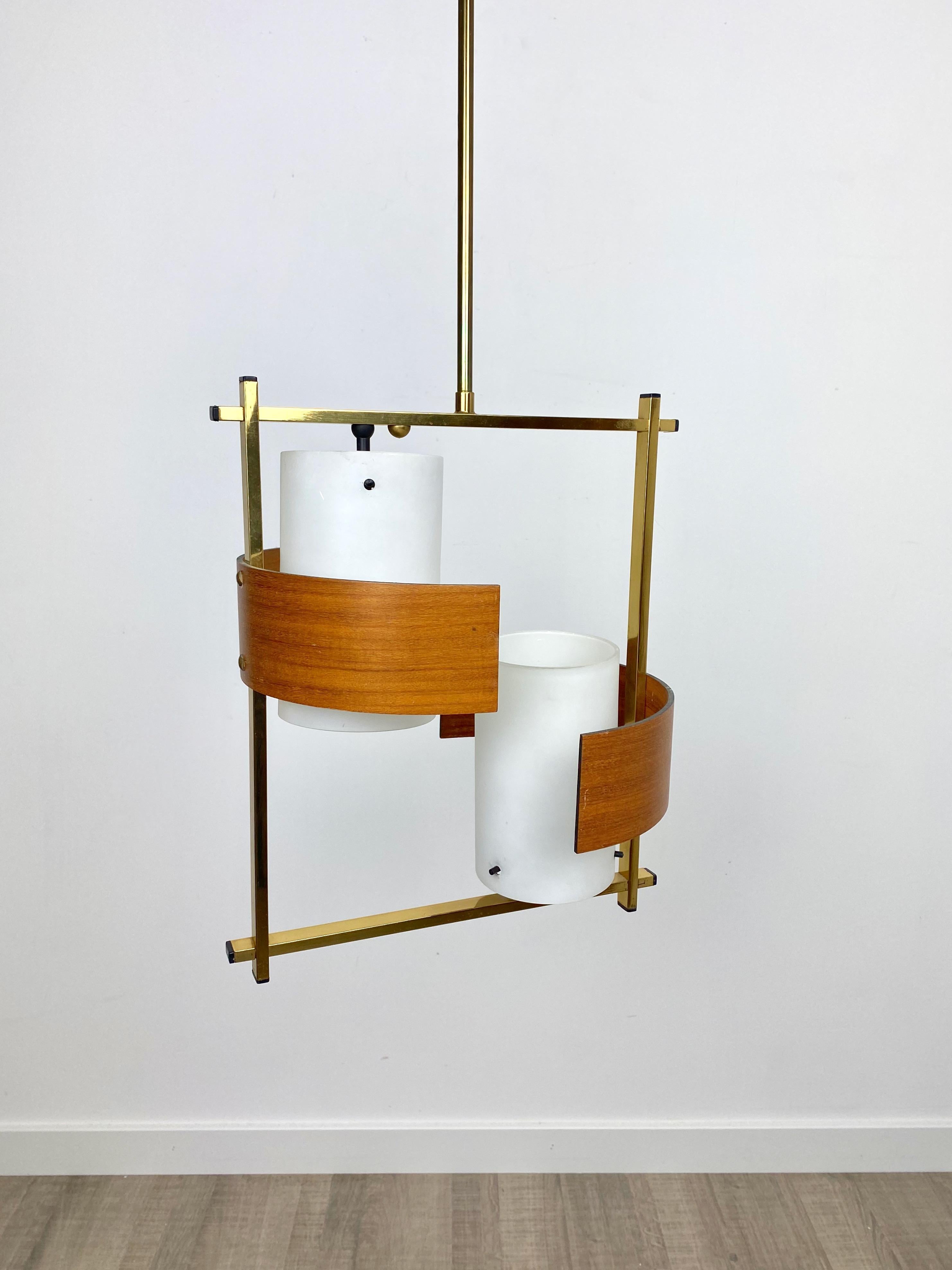 Chandelier in Opaline glass and teak with squared brass details, Stilnovo style, Italy, 1960s.