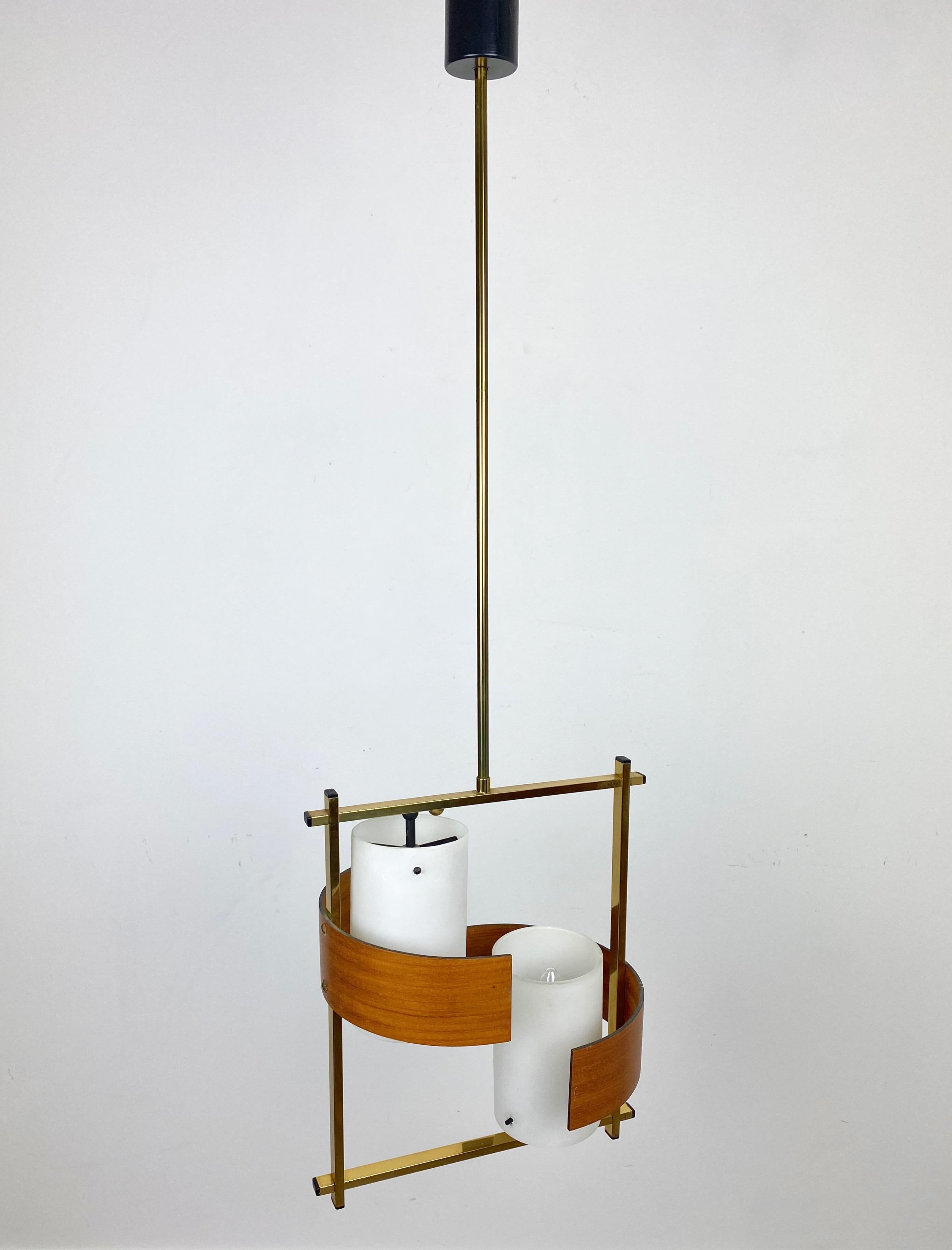 Mid-Century Modern Chandelier Pendant in Opaline Glass Teak and Brass Stilnovo Style, Italy, 1960s