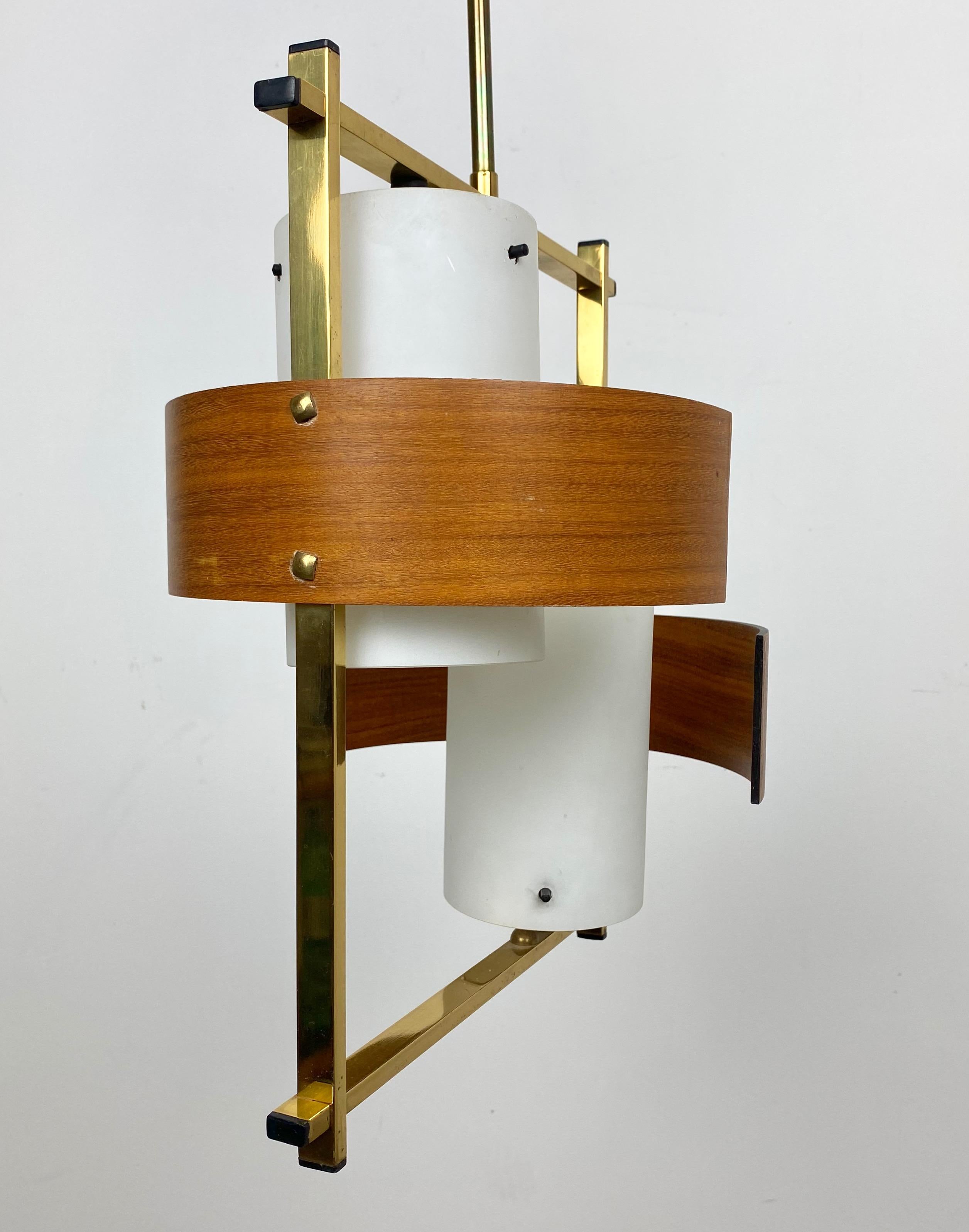 Chandelier Pendant in Opaline Glass Teak and Brass Stilnovo Style, Italy, 1960s 2