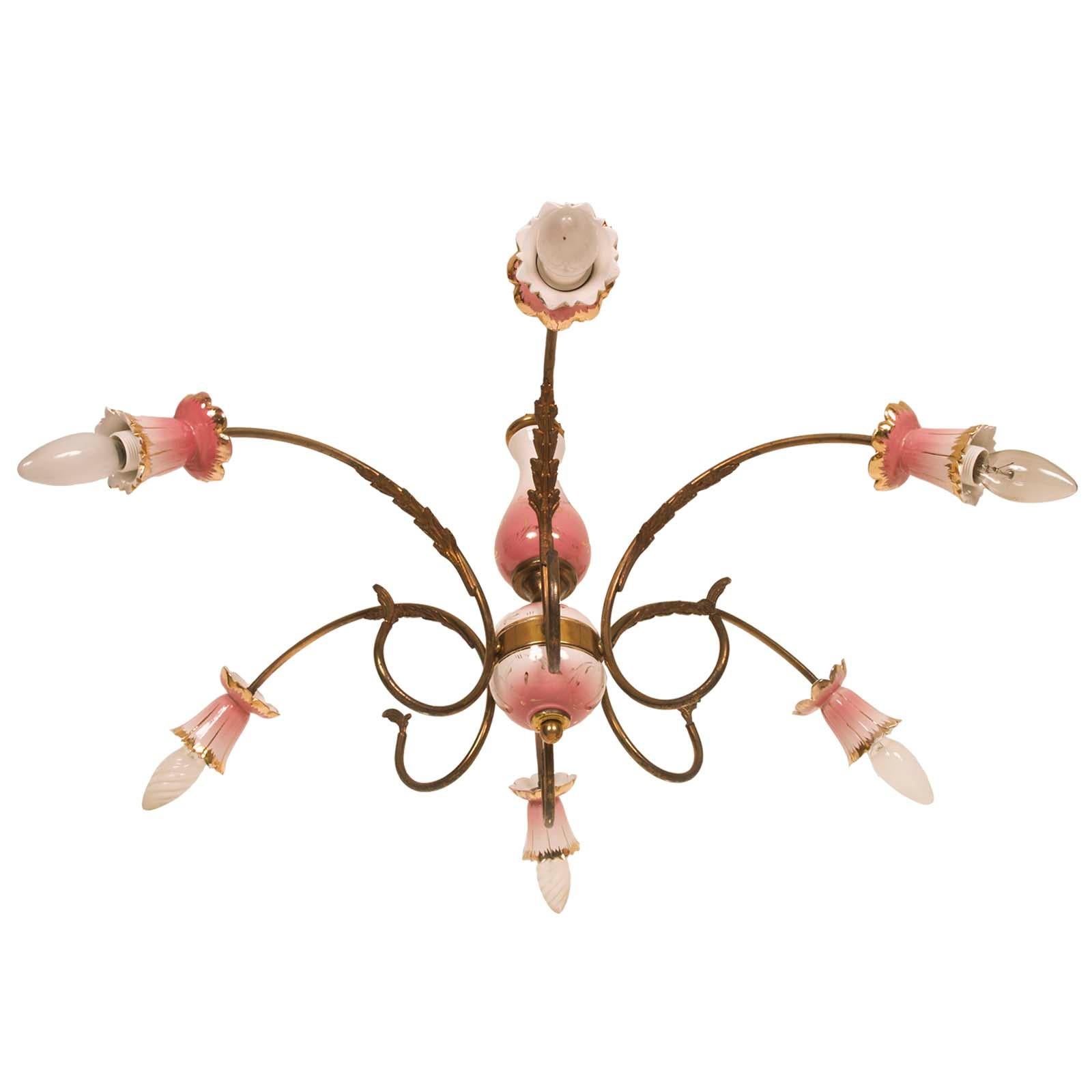 Chandelier Pendant lamp Art Deco, six arms, in gilt brass and decorated glazed ceramic, gold by Richard Ginori Florence
The chandelier has been restored and functioning ready for use.