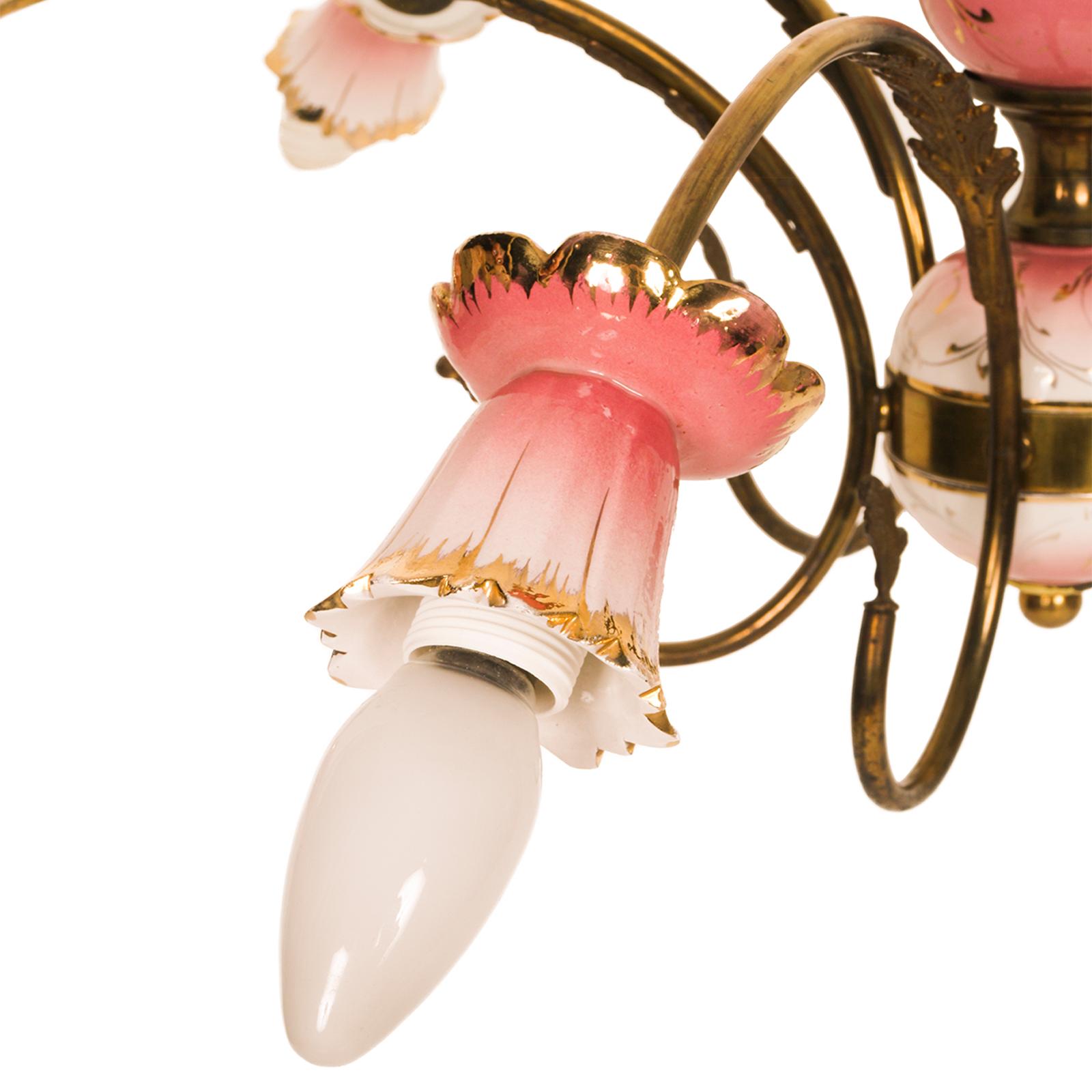 Italian Chandelier Pendant Lamp Art Deco, Gilt Brass & Decorated Glazed Ceramic-Gold For Sale