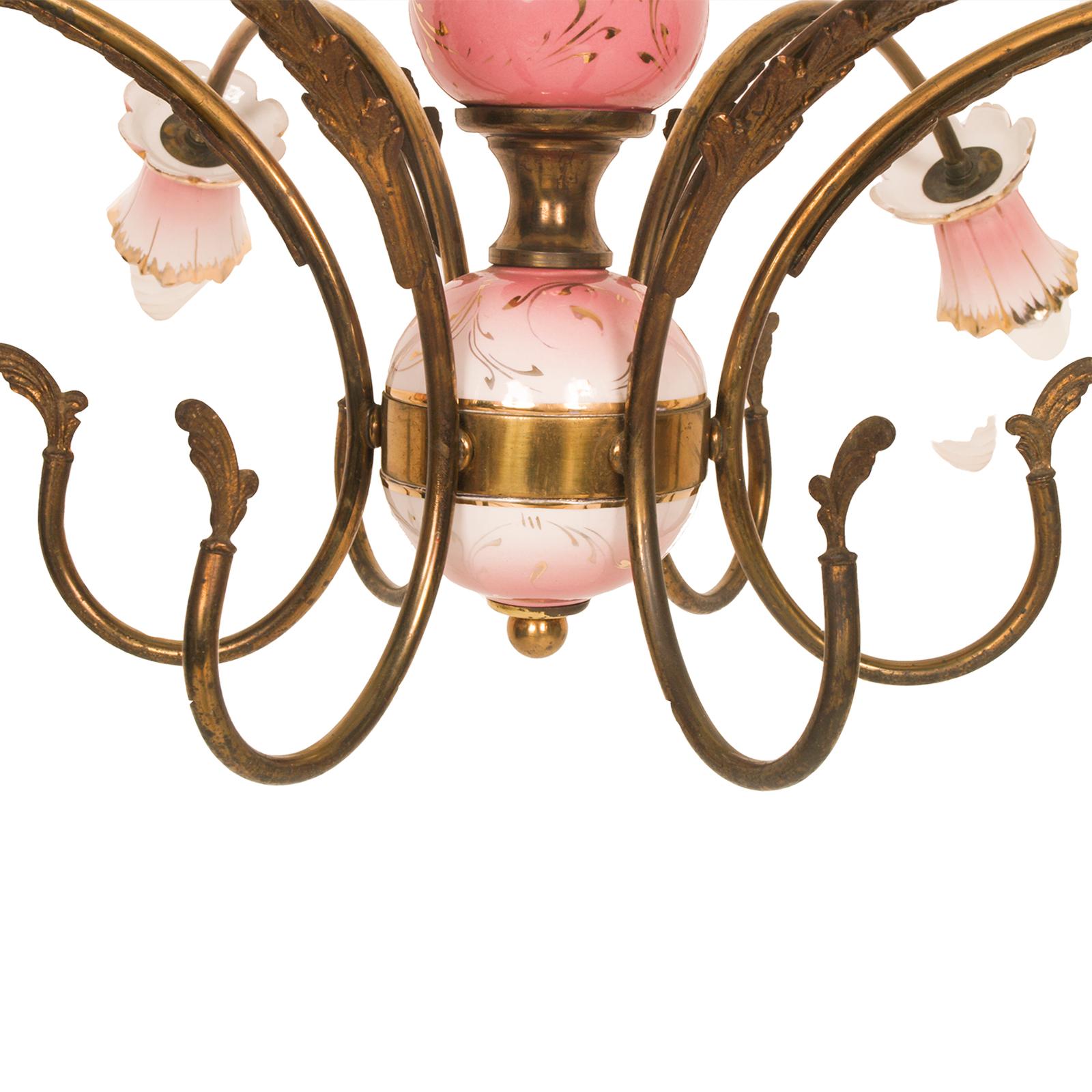 Chandelier Pendant Lamp Art Deco, Gilt Brass & Decorated Glazed Ceramic-Gold In Good Condition For Sale In Vigonza, Padua
