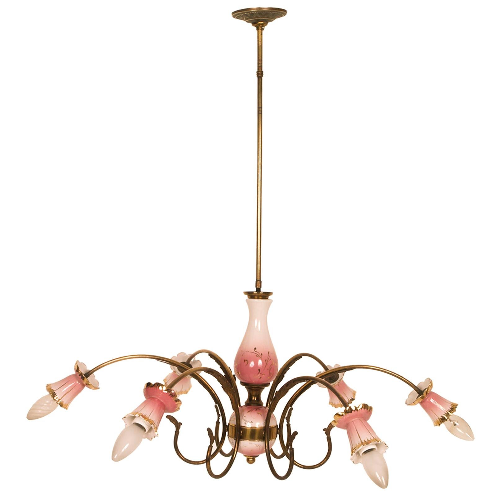 Chandelier Pendant Lamp Art Deco, Gilt Brass & Decorated Glazed Ceramic-Gold