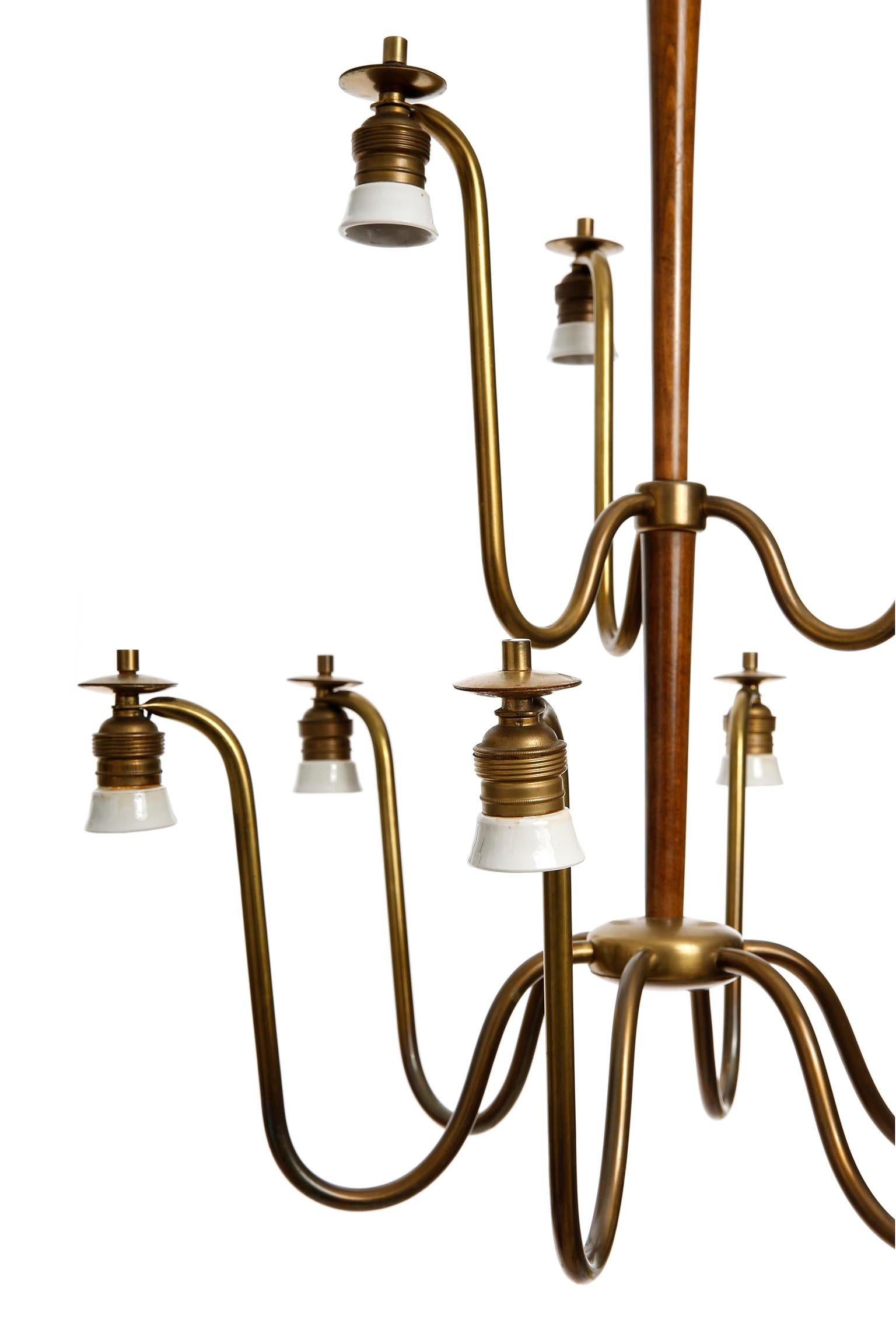 Chandelier Pendant Light, Attributed to Josef Frank, Patinated Brass Wood, 1930s 4