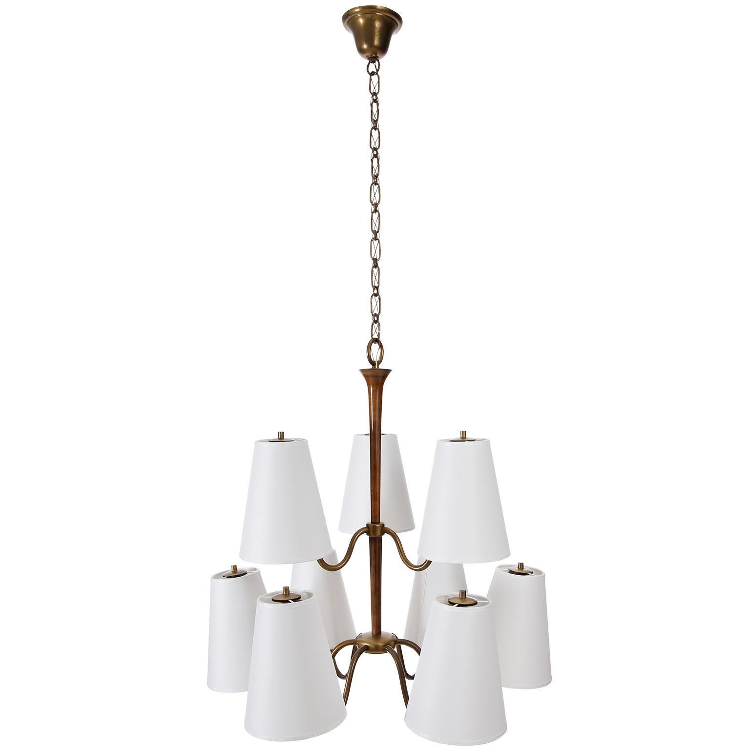 Mid-Century Modern Chandelier Pendant Light, Attributed to Josef Frank, Patinated Brass Wood, 1930s