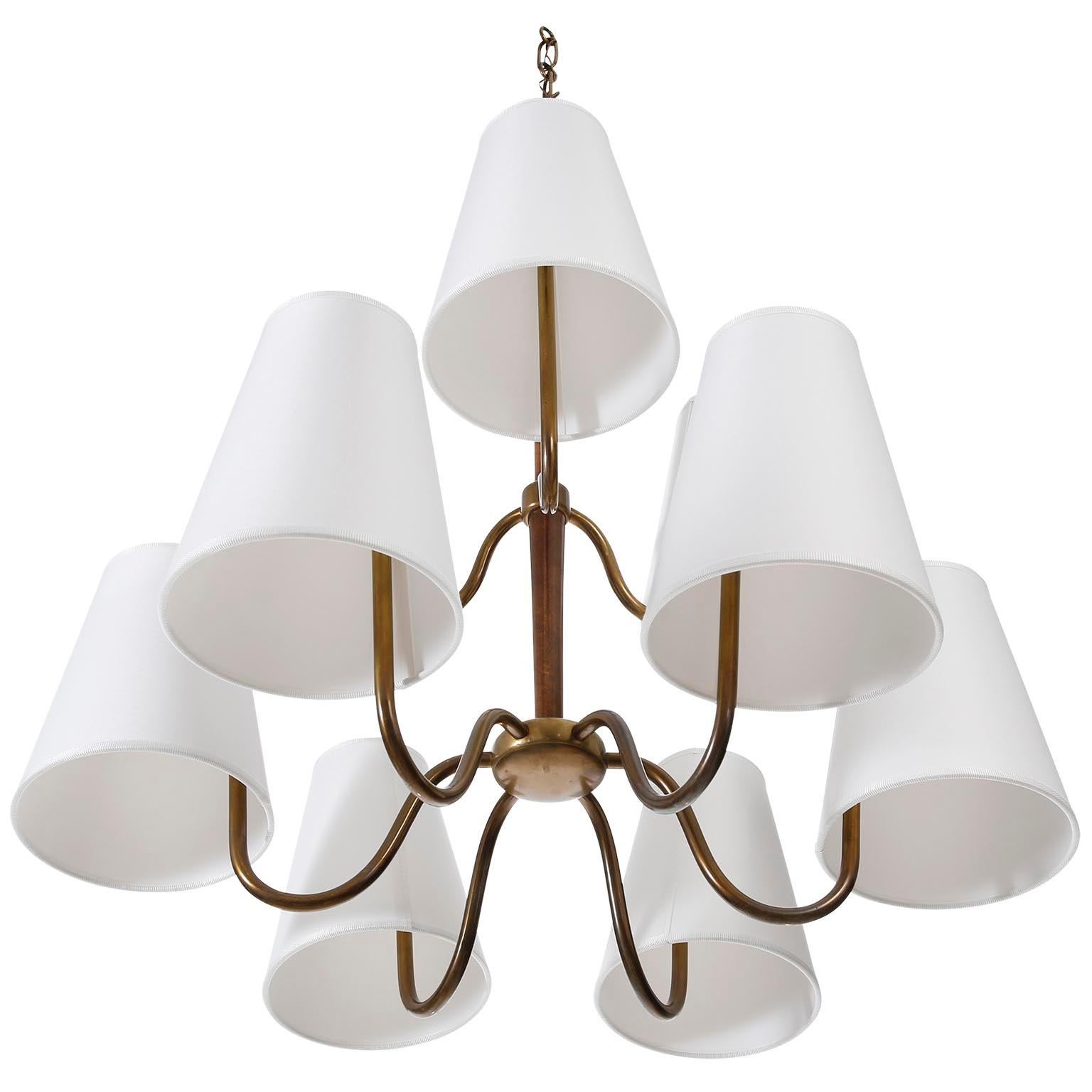 Chandelier Pendant Light, Attributed to Josef Frank, Patinated Brass Wood, 1930s 2