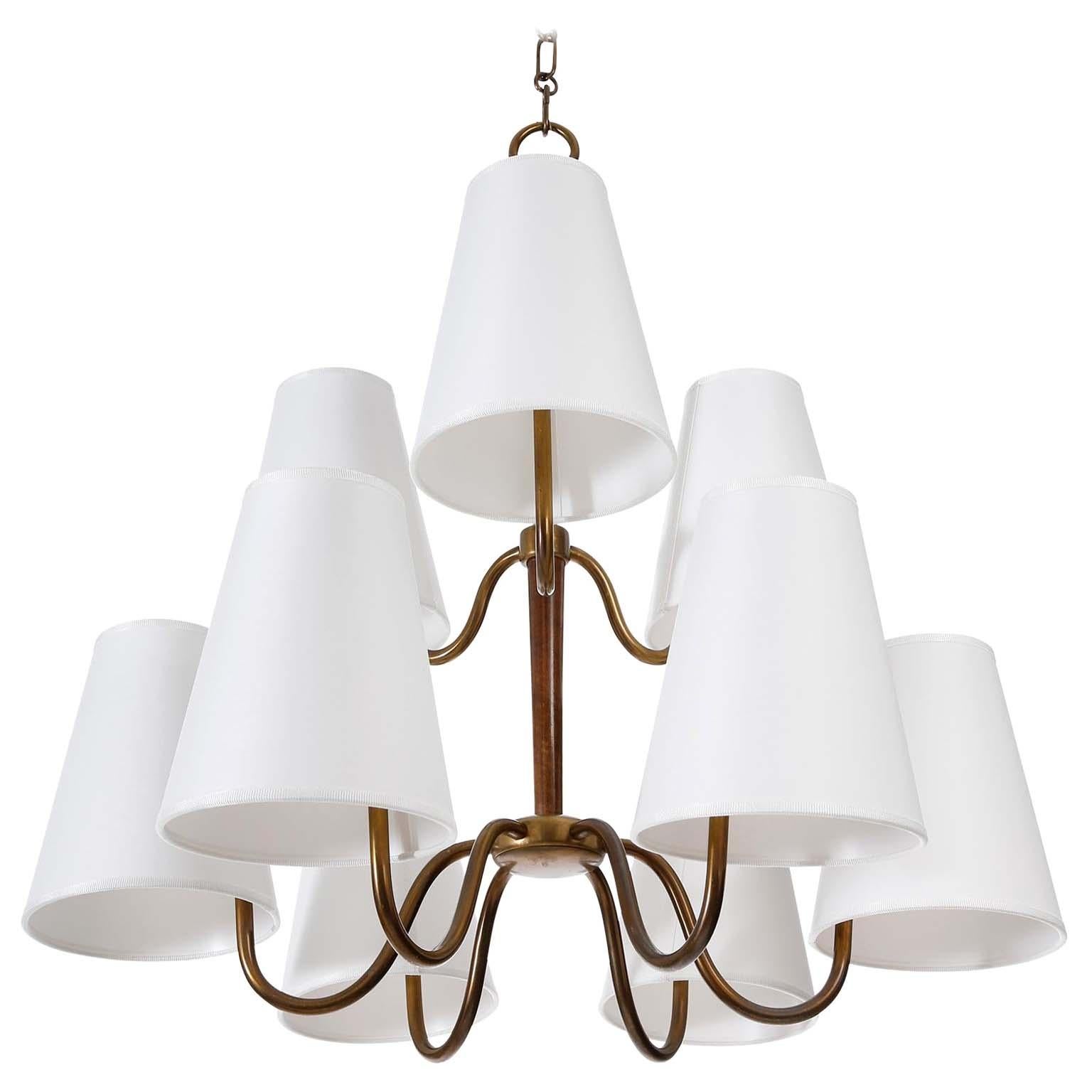 Chandelier Pendant Light, Attributed to Josef Frank, Patinated Brass Wood, 1930s