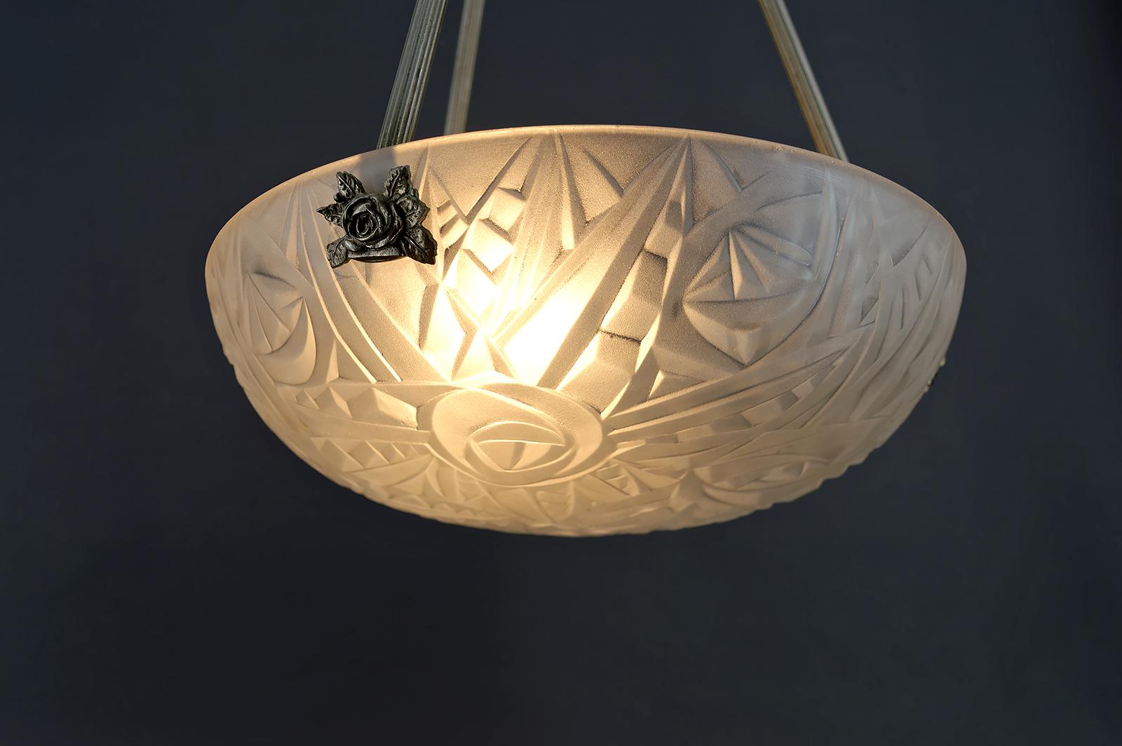 Metallo Lampadario / Lampada a sospensione / Apparecchio a ciotola di Noverdy, Art Deco, Francia, anni '30 in vendita