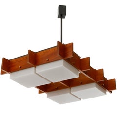 Chandelier Pendant Light Fixture Esperia, Teak Opal Plexiglass Brass, Italy