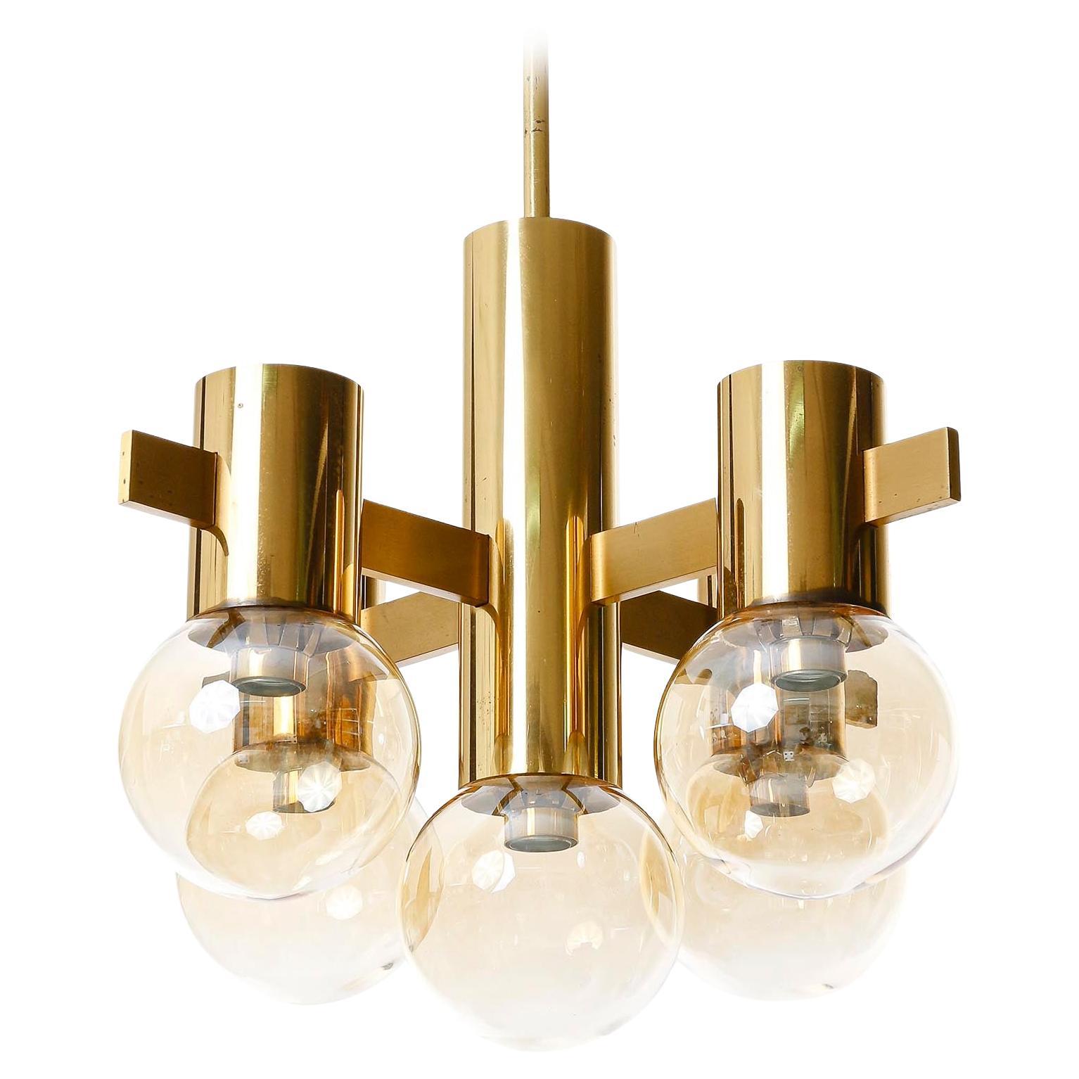 Chandelier Pendant Light, Style of Hans-Agne Jakobsson, Brass Amber Glass, 1960s