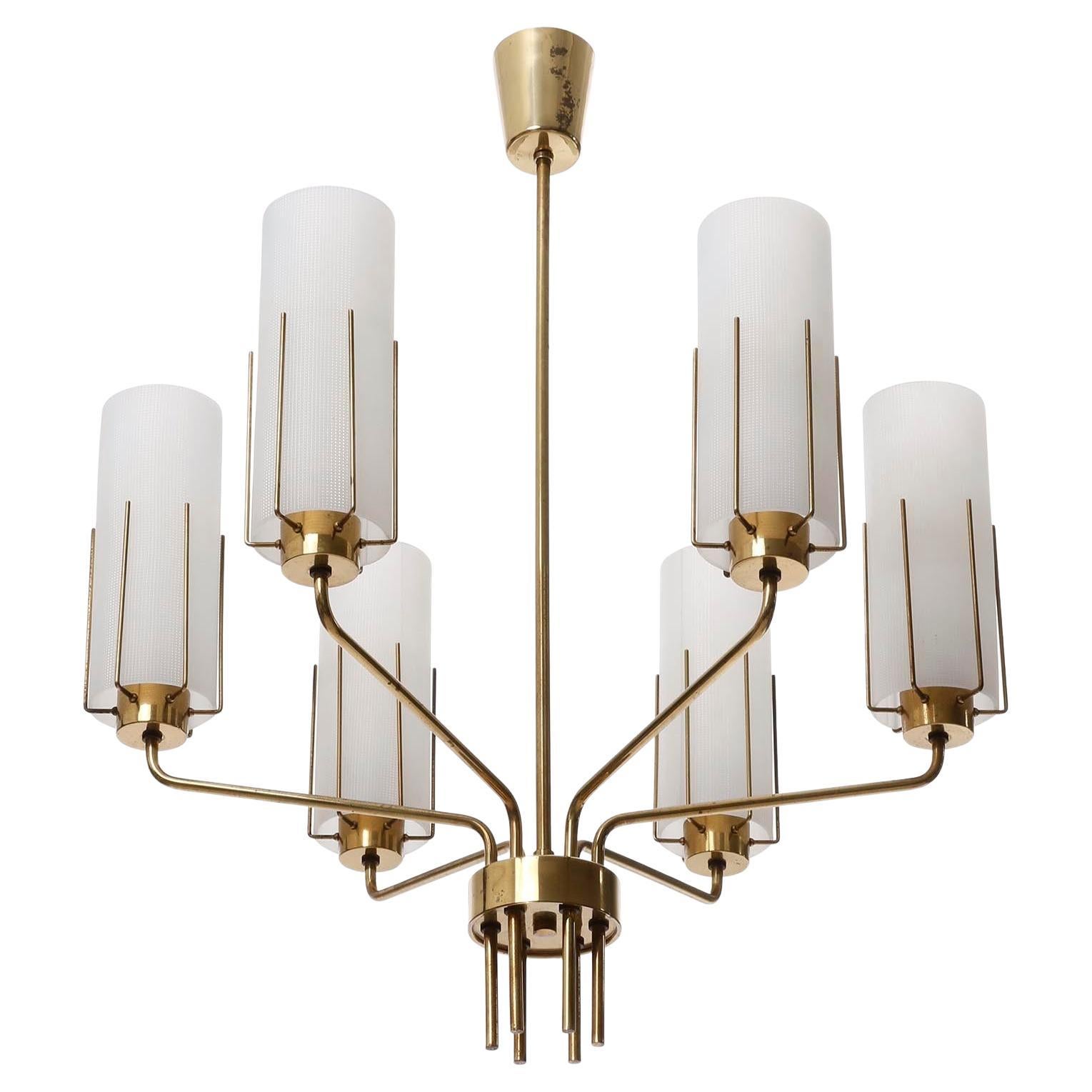 Chandelier Pendant, Opaline Frosted White Milk Plexiglass Acrylic Brass, 1960s