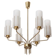 Chandelier Pendant, Opaline Frosted White Milk Plexiglass Acrylic Brass, 1960s