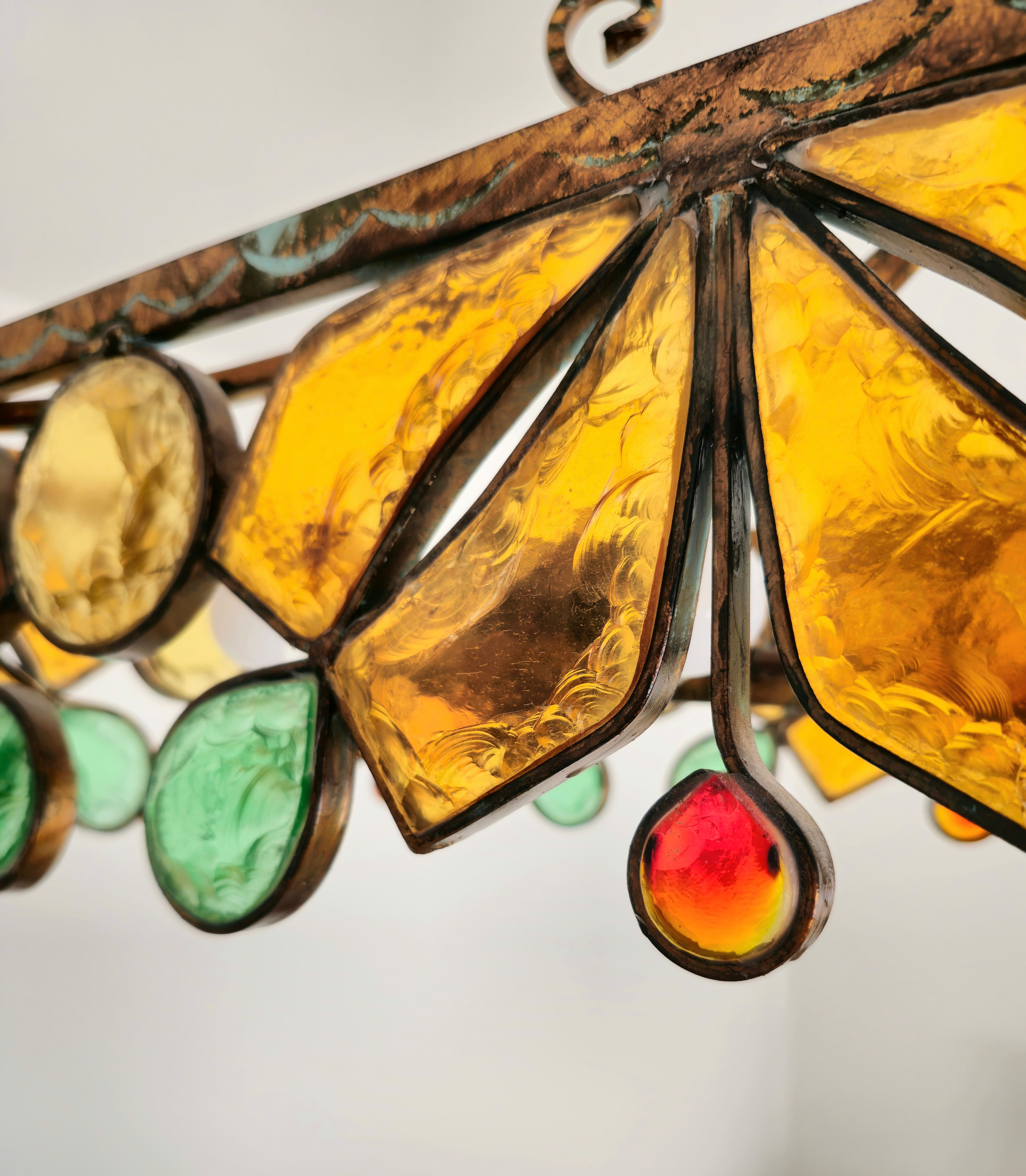 20th Century Chandelier Pendant Poliarte Metal Hammered Glass Midcentury Italian Design 1970s For Sale