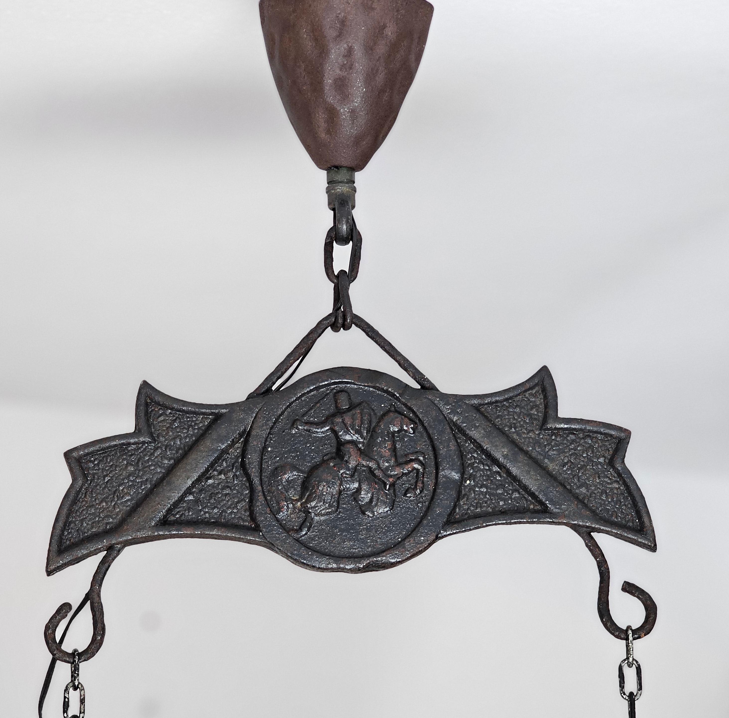 20th Century Chandelier Pendant Wrought Iron Wood Gothic Style French Design 1940s For Sale