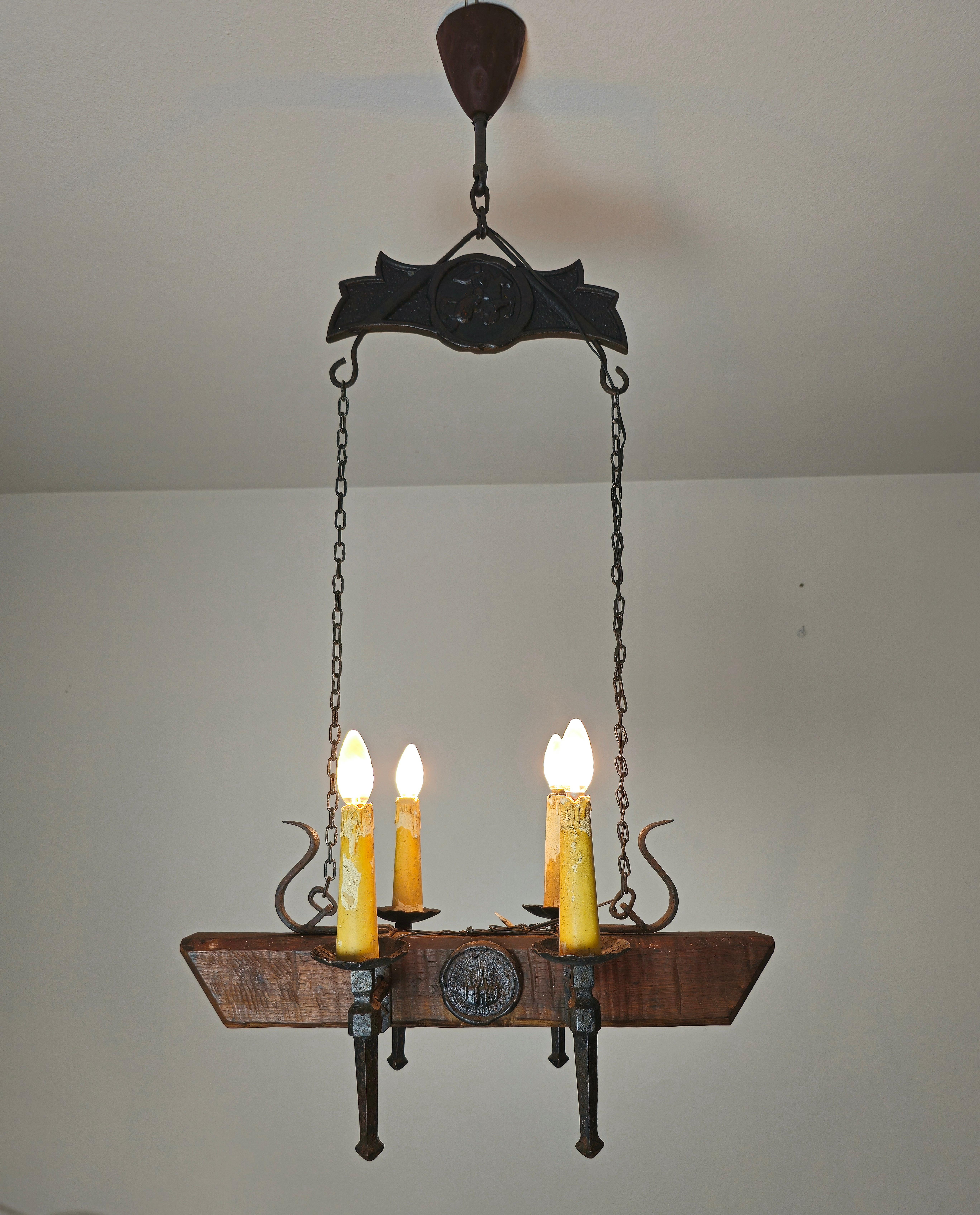 Chandelier Pendant Wrought Iron Wood Gothic Style French Design 1940s For Sale 1
