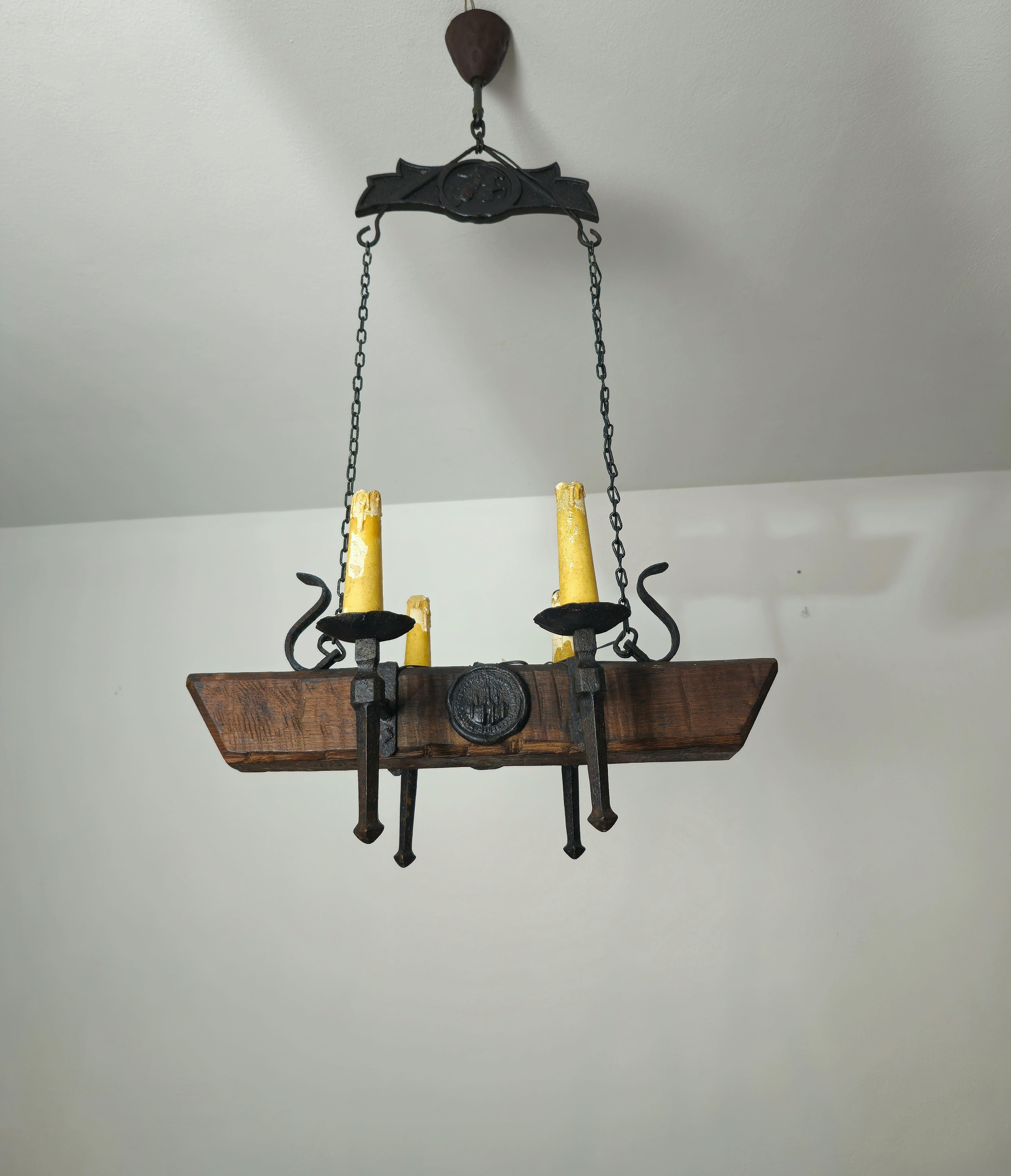 Chandelier Pendant Wrought Iron Wood Gothic Style French Design 1940s For Sale 2