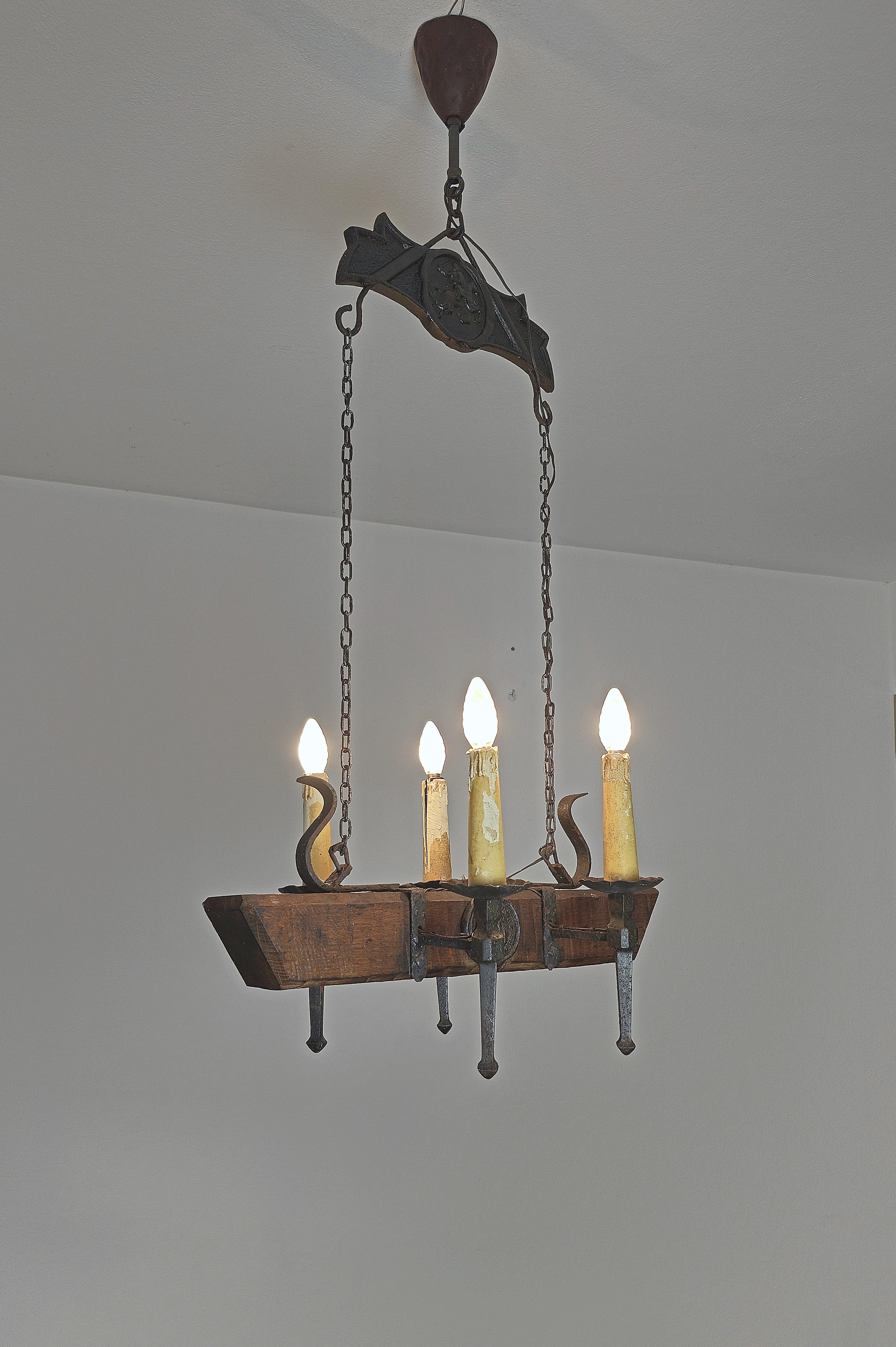 Chandelier Pendant Wrought Iron Wood Gothic Style French Design 1940s For Sale 3