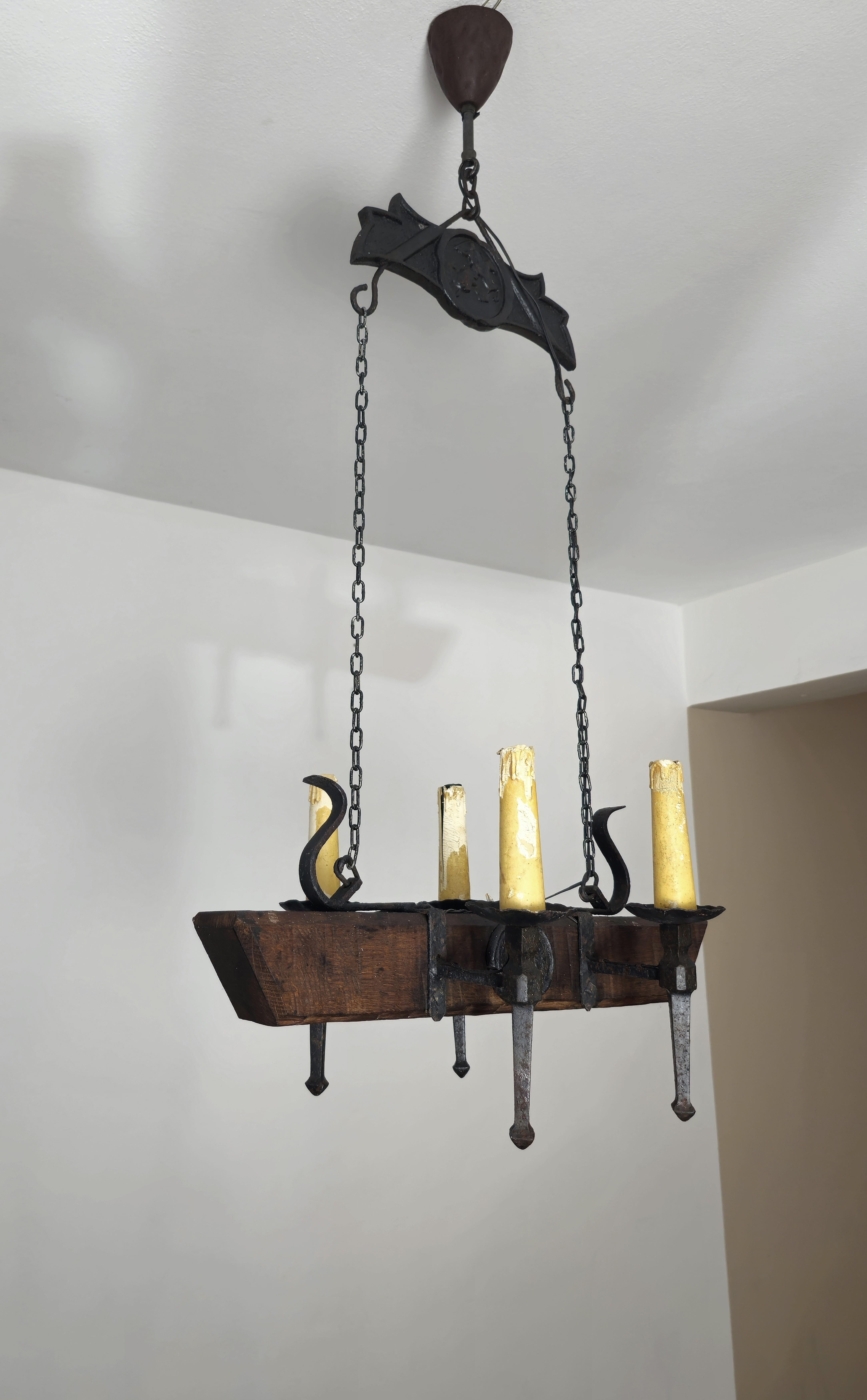 Chandelier Pendant Wrought Iron Wood Gothic Style French Design 1940s For Sale 4