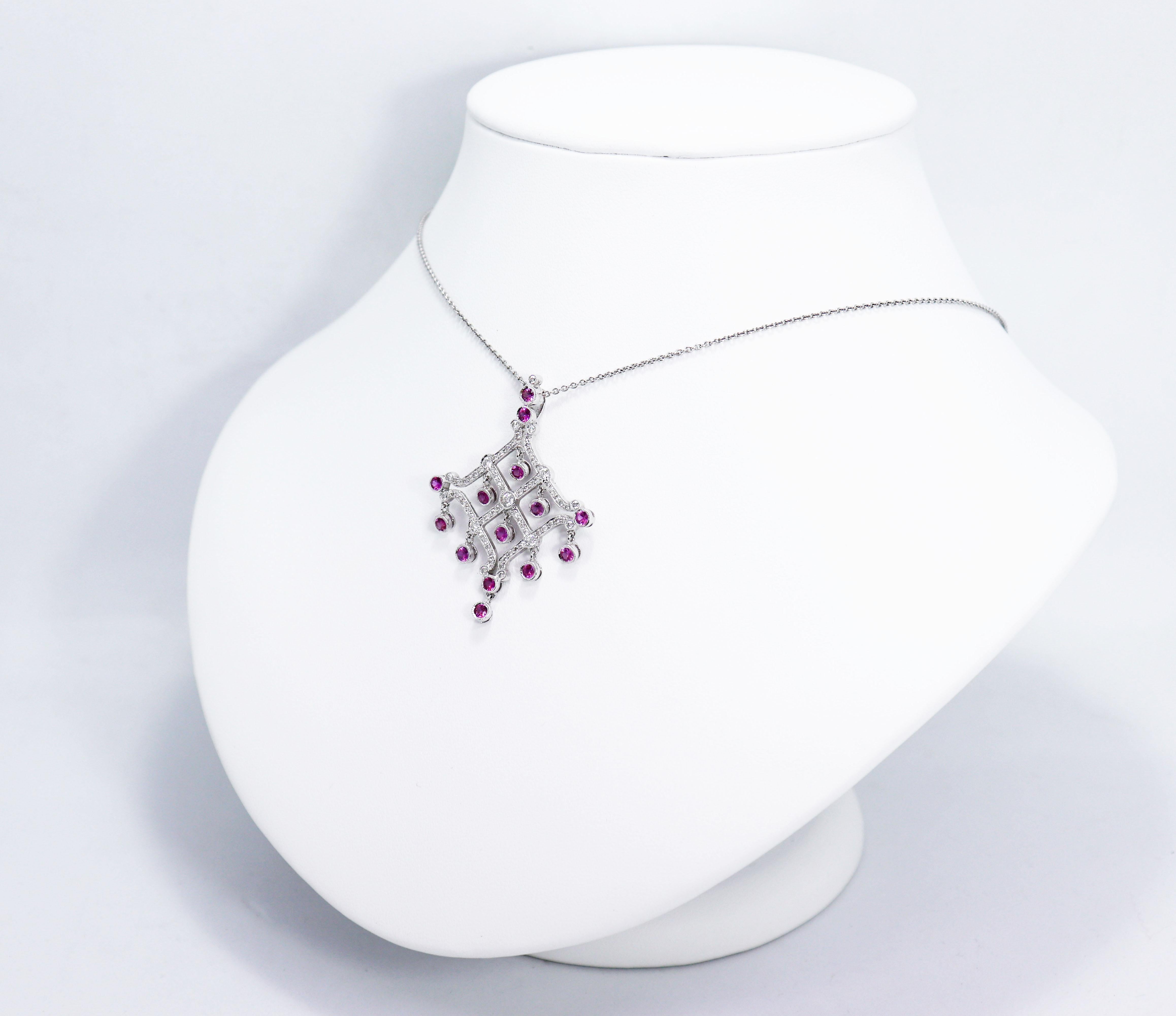 Modern Chandelier Pink Sapphire and Diamond White Gold Pendant Necklace