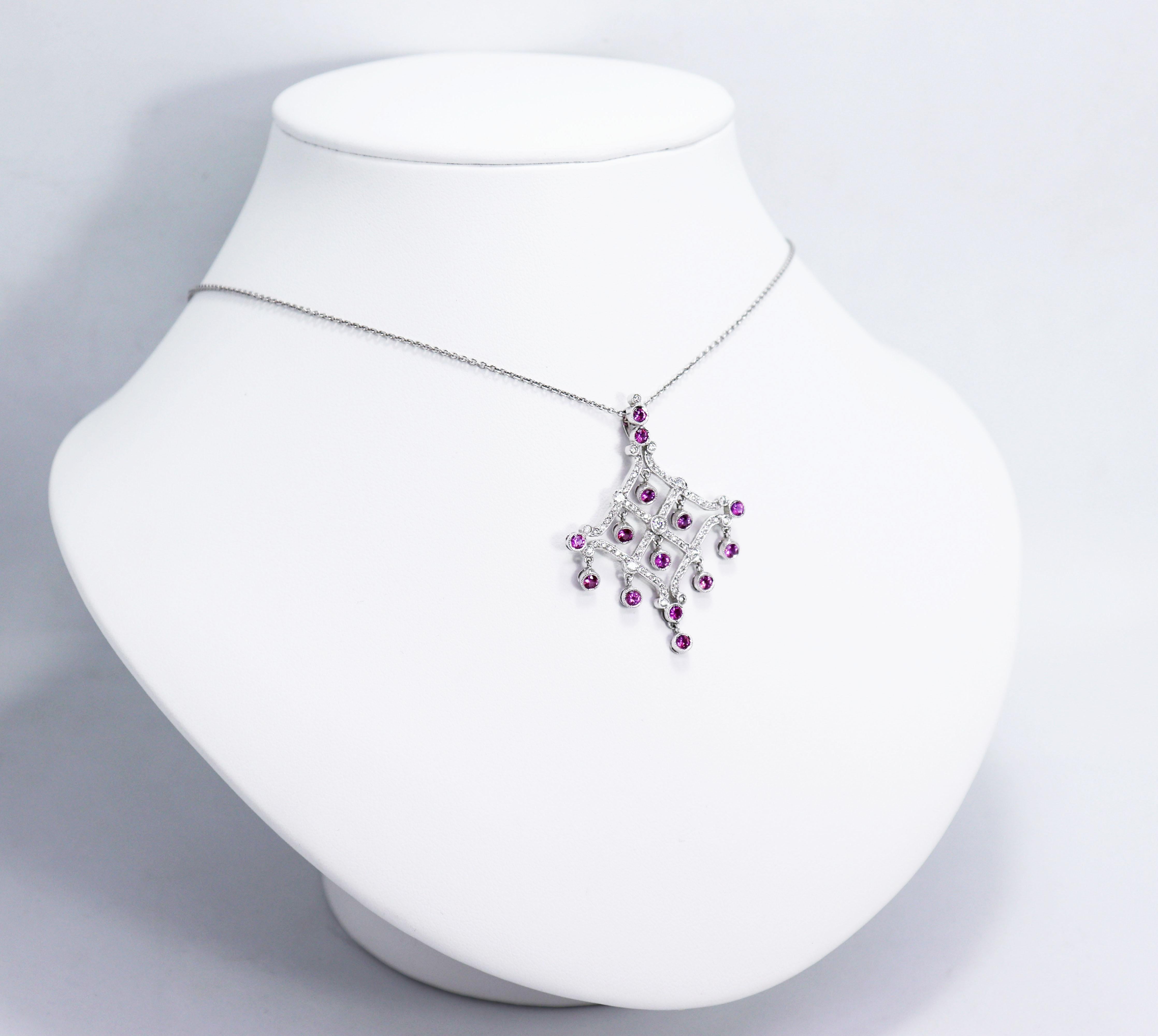 Round Cut Chandelier Pink Sapphire and Diamond White Gold Pendant Necklace