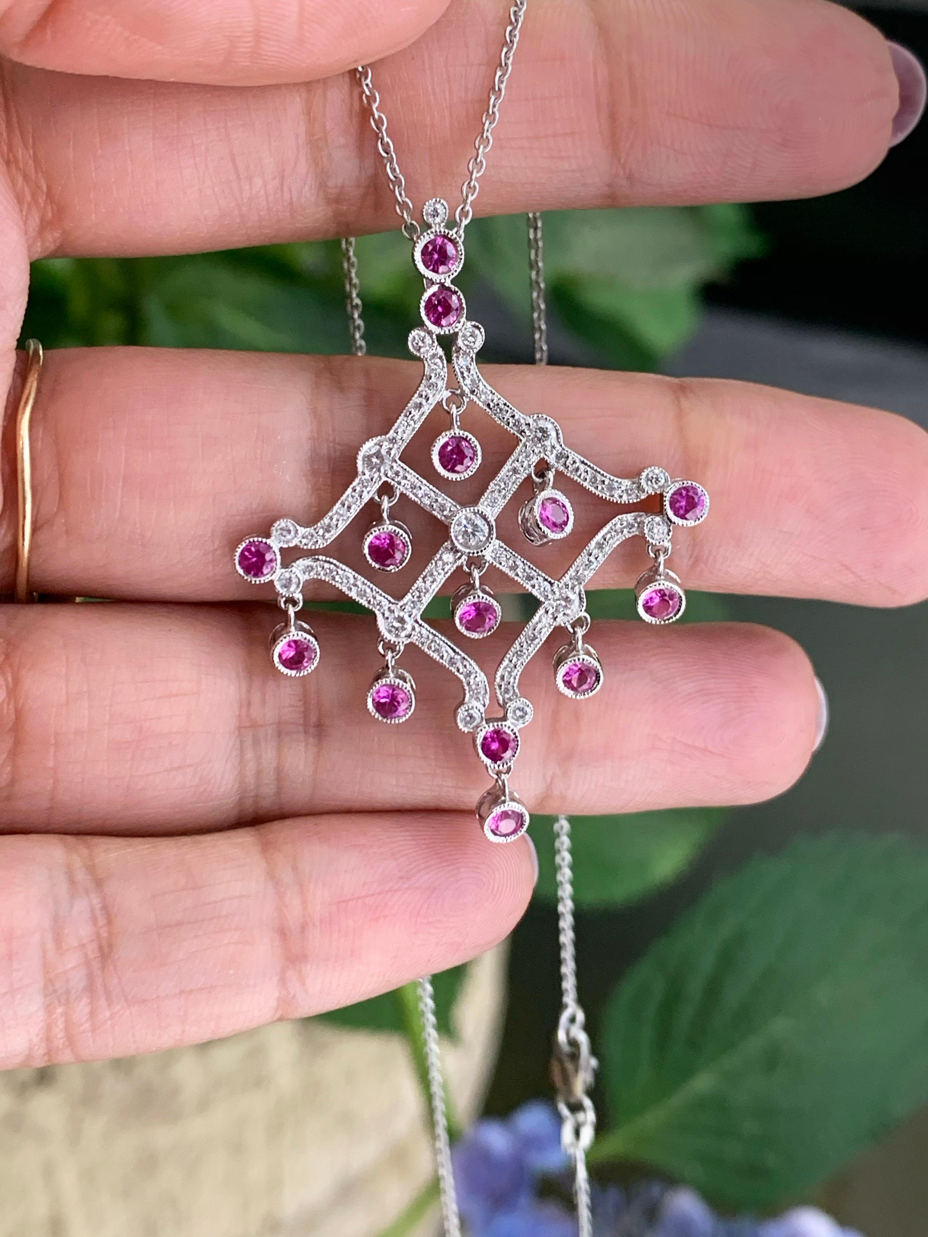 Chandelier Pink Sapphire and Diamond White Gold Pendant Necklace In Excellent Condition In London, GB