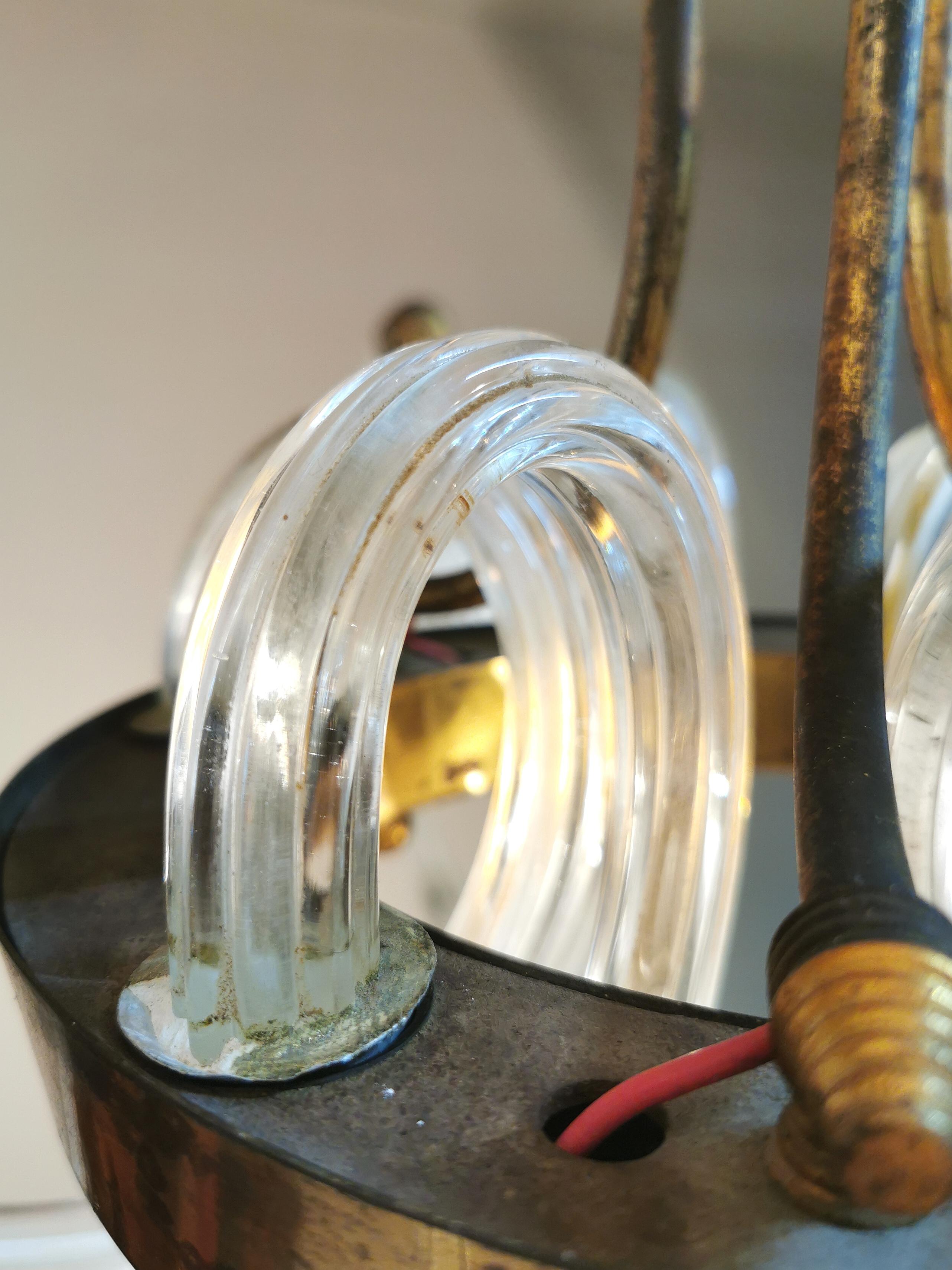 Midcentury Chandelier Pendant Murano Glass Brass Barovier & Toso Reticello 1940s 6