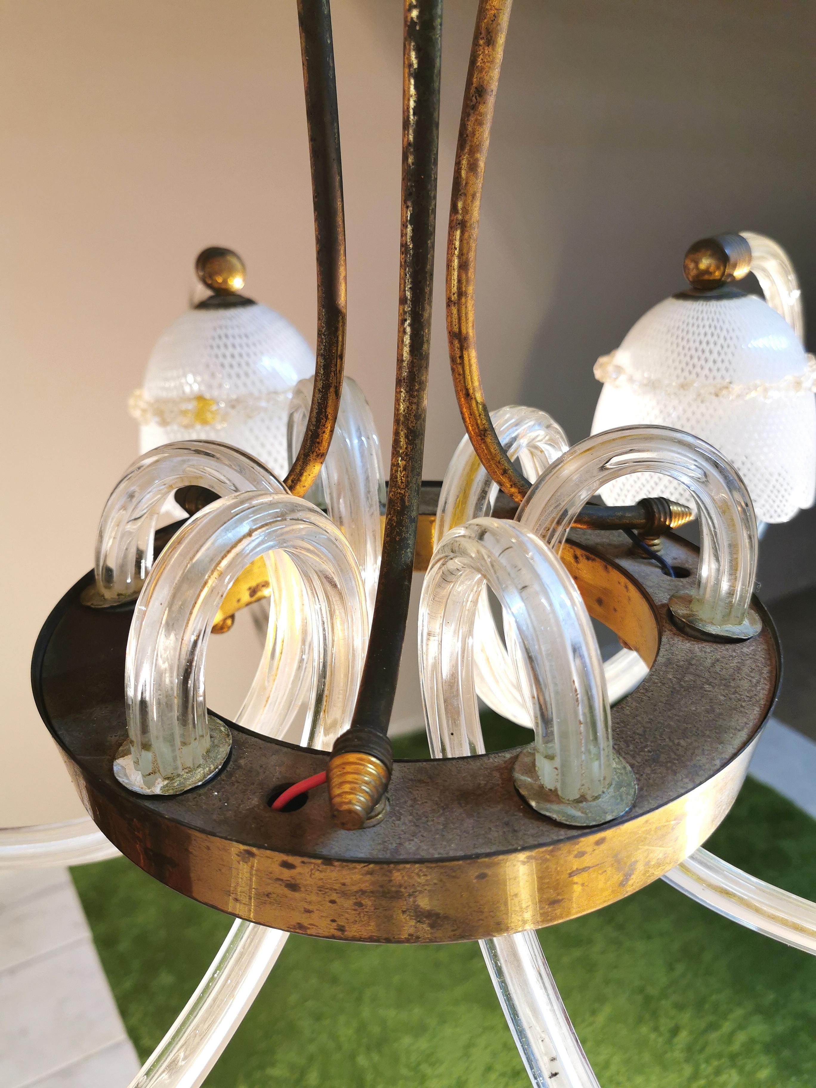 Midcentury Chandelier Pendant Murano Glass Brass Barovier & Toso Reticello 1940s 3