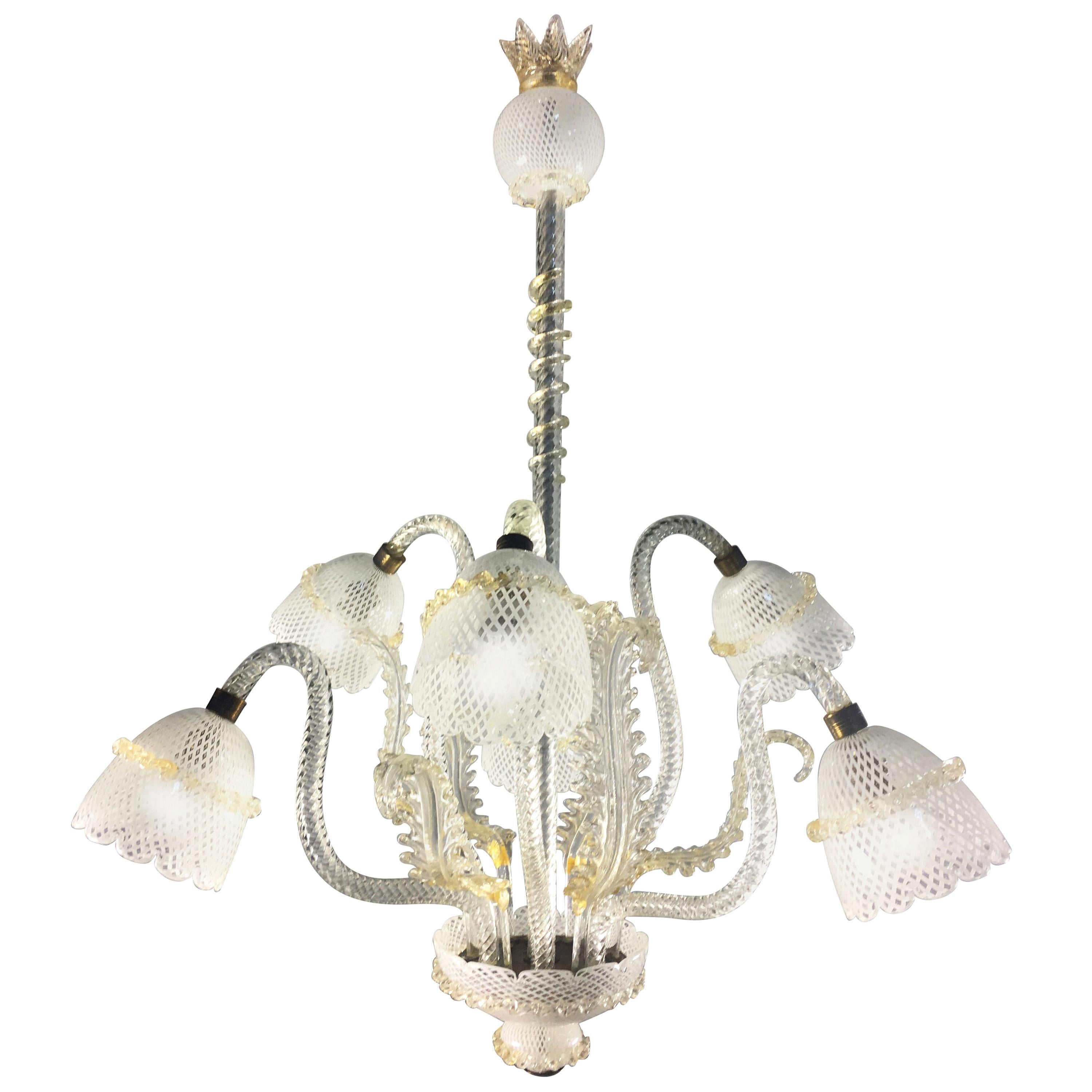 Chandelier "Reticello" Gold Inclusions Attributed to Seguso. Murano, 1940 For Sale