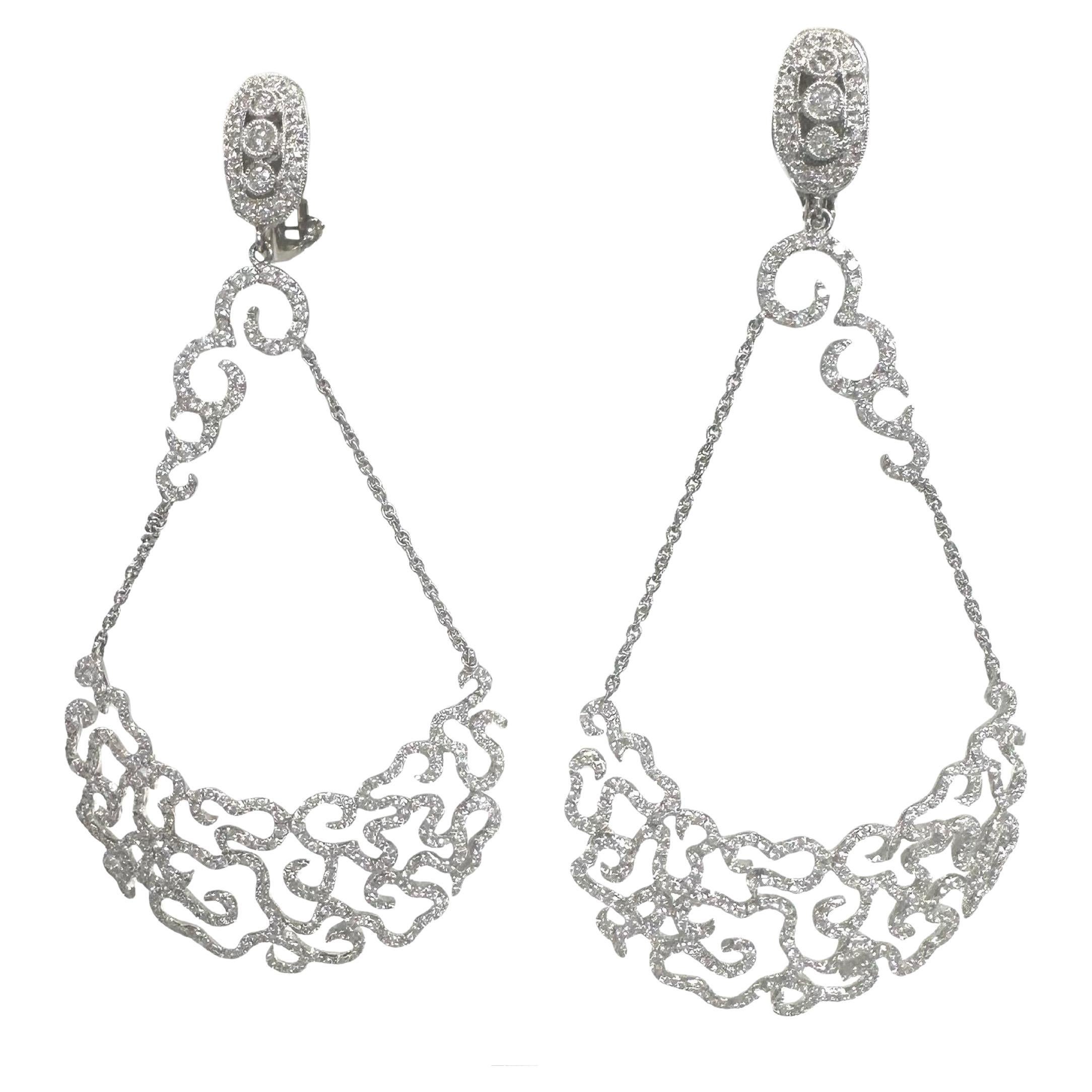 Chandelier Round Brilliant Cut Diamond Drop Earrings  18k White Gold