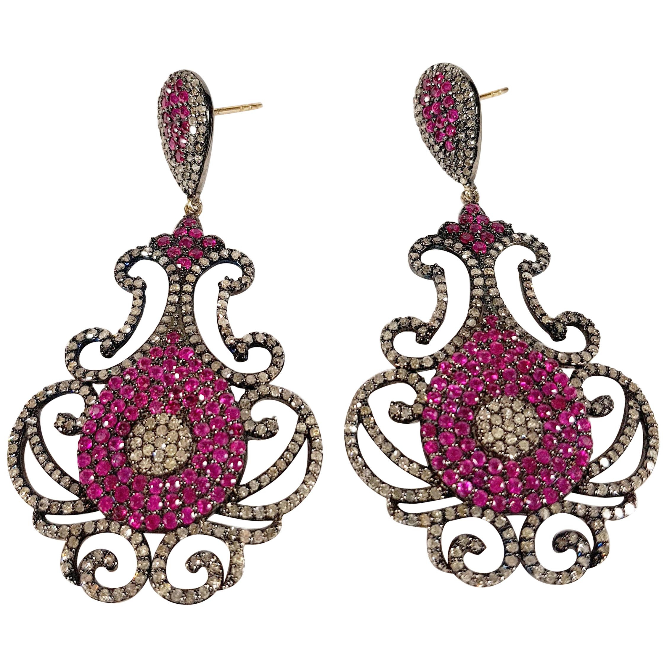 Chandelier Ruby, Diamond 14 Karat Gold Earrings For Sale