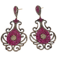 Used Chandelier Ruby, Diamond 14 Karat Gold Earrings