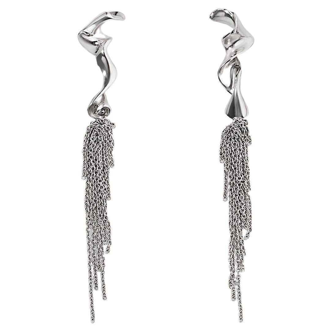 Chandelier Sculptural Contemporary Couture 14KW Gold Earrings Chain Fringe  For Sale