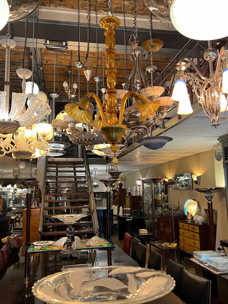 Chandelier Silver Plated Bronze and Art Glass, Style Jugendstil, Art ...