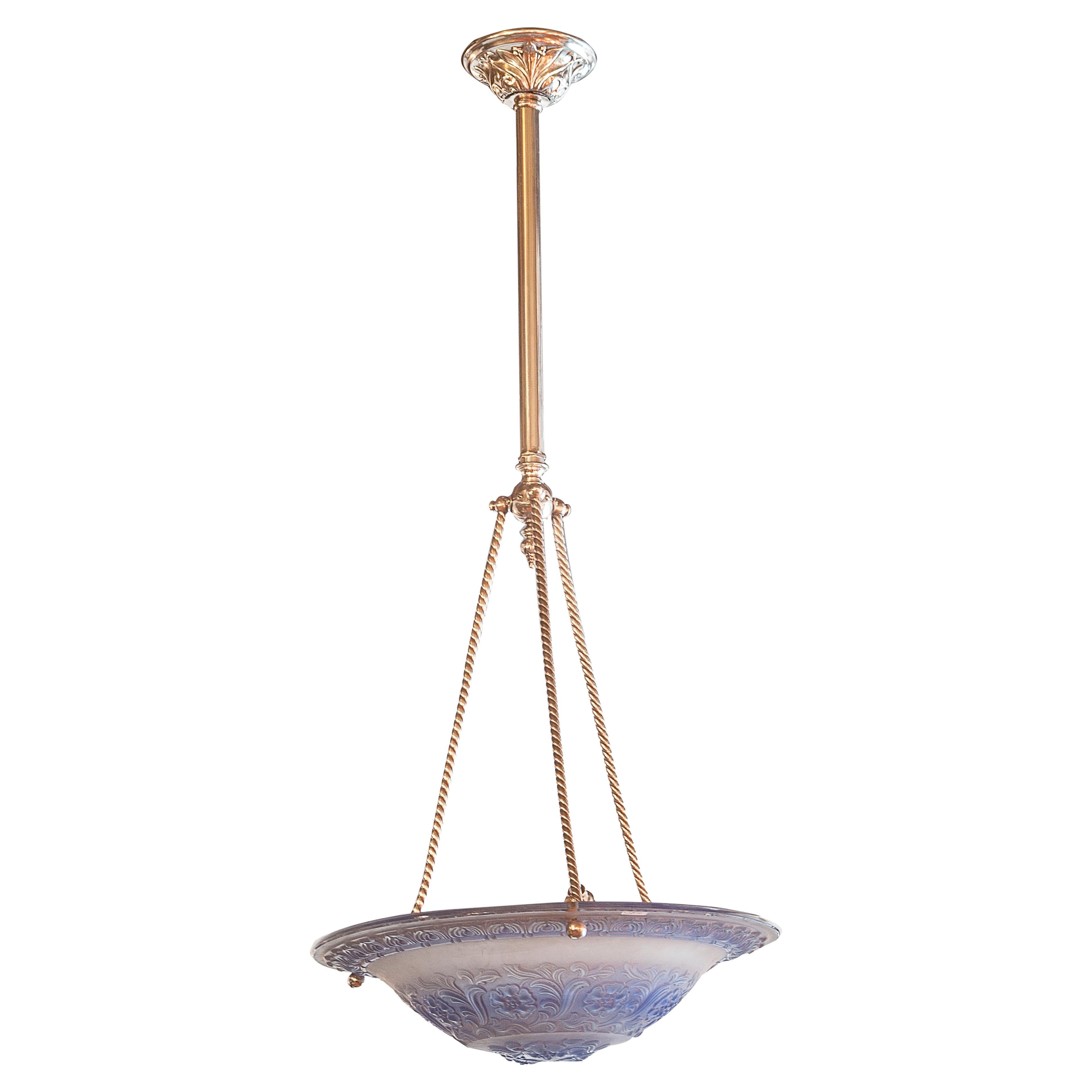 Lampadario in bronzo placcato argento e vetro artistico, stile Jugendstil, Art Nouveau