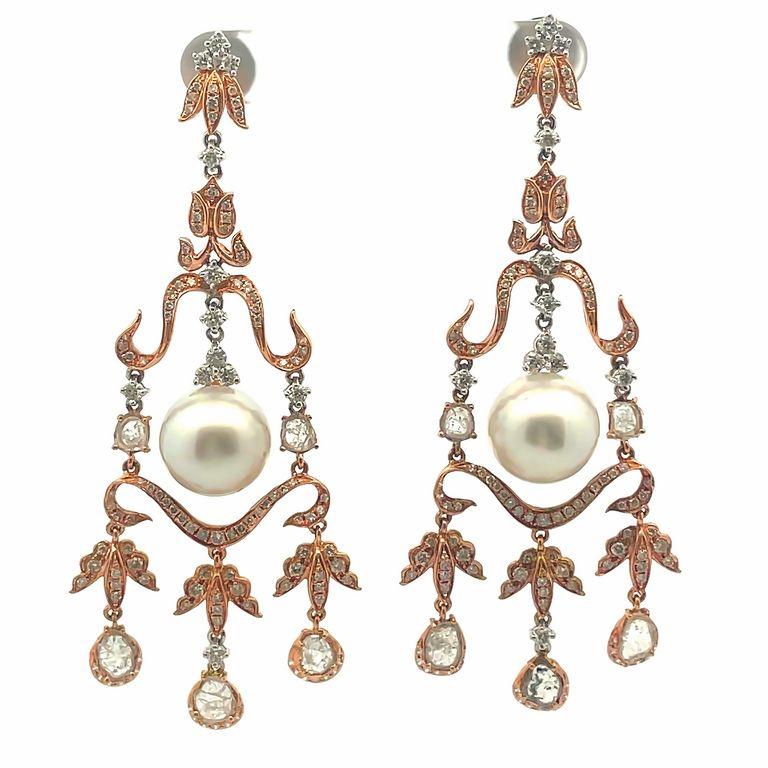 Art Deco Chandelier Slice Diamond Earrings with South Sea Pearls 15mm 3.97ct 18krose gold