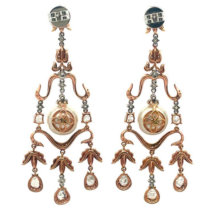 Mixed Cut Chandelier Slice Diamond Earrings with South Sea Pearls 15mm 3.97ct 18krose gold